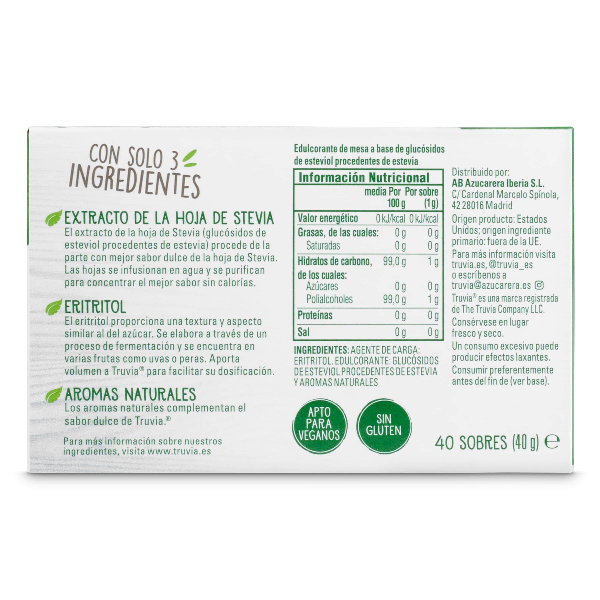 Endulzante de stevia 0 calorías Truvia 40 unidades
