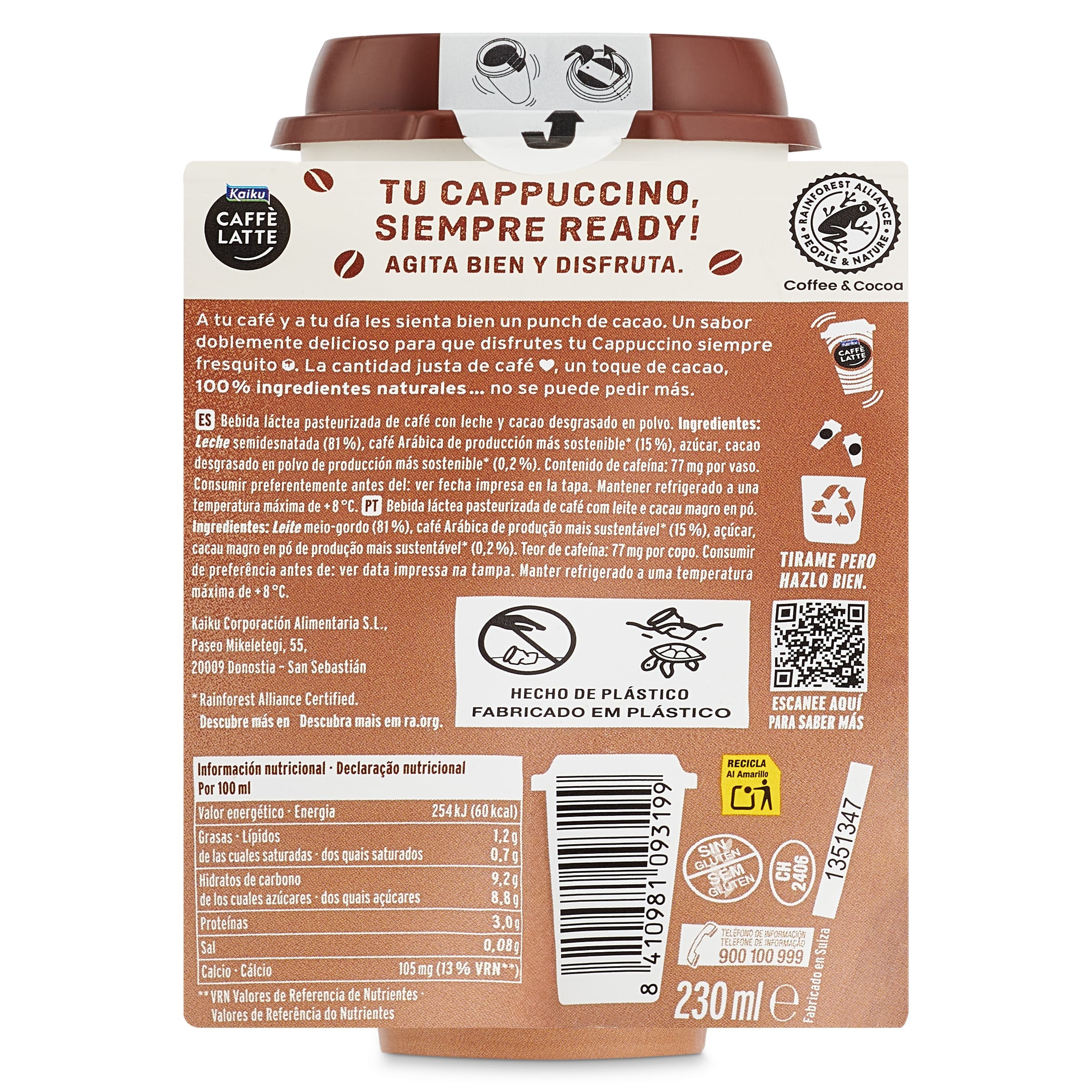 Café latte cappuccino Kaiku 230 ml