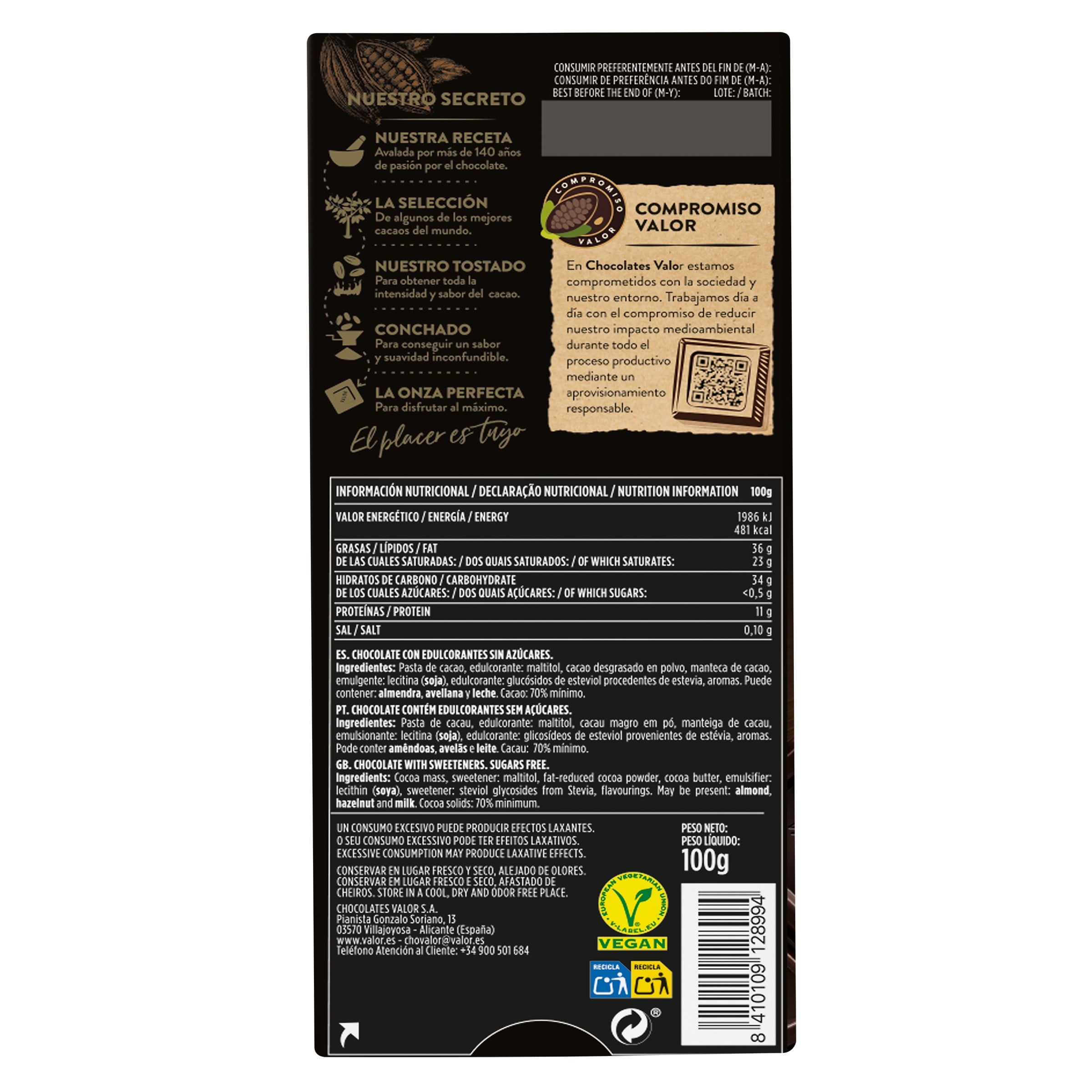 Chocolate negro 70% cacao sin azúcar Valor 100 g