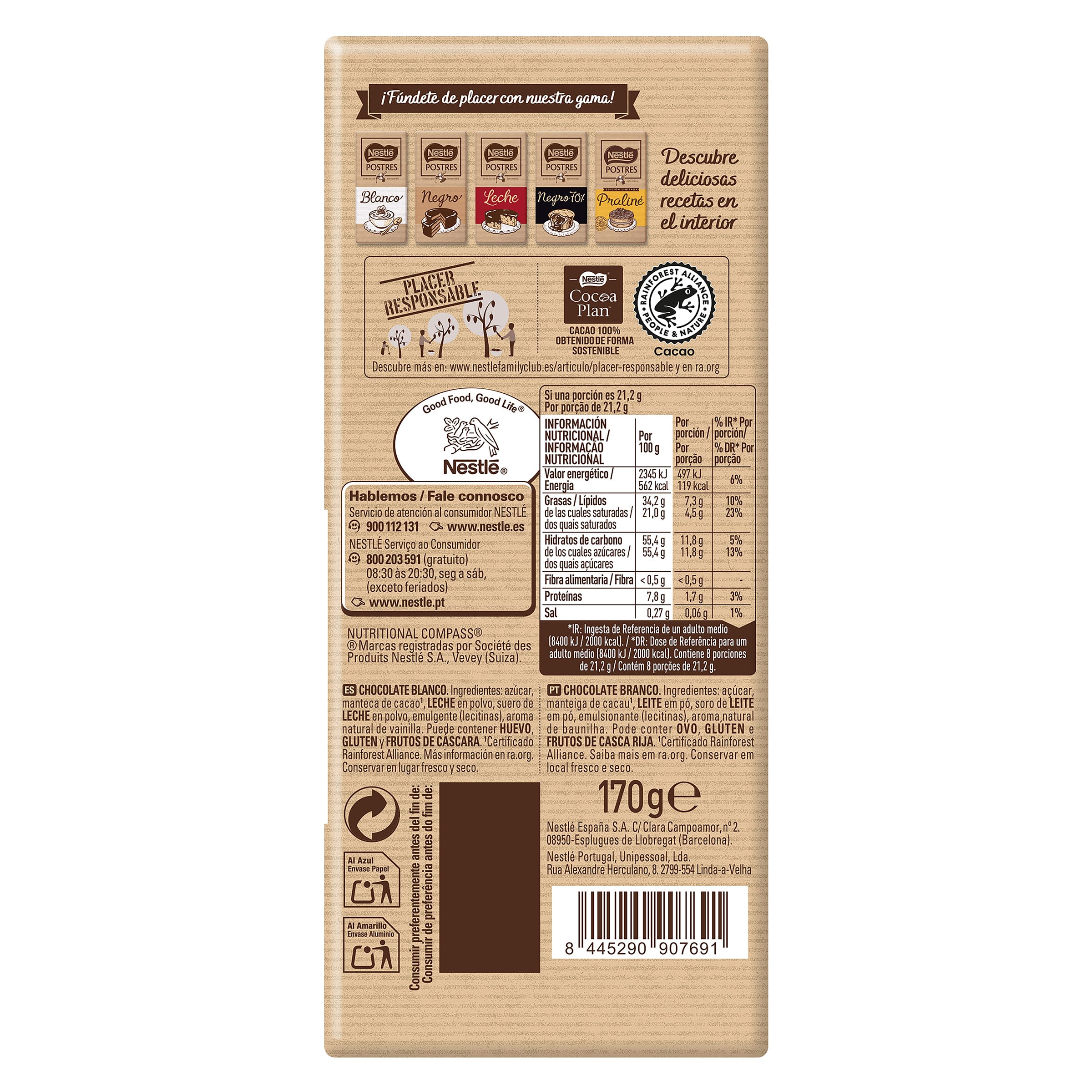 Chocolate blanco para postres Nestlé 170 g