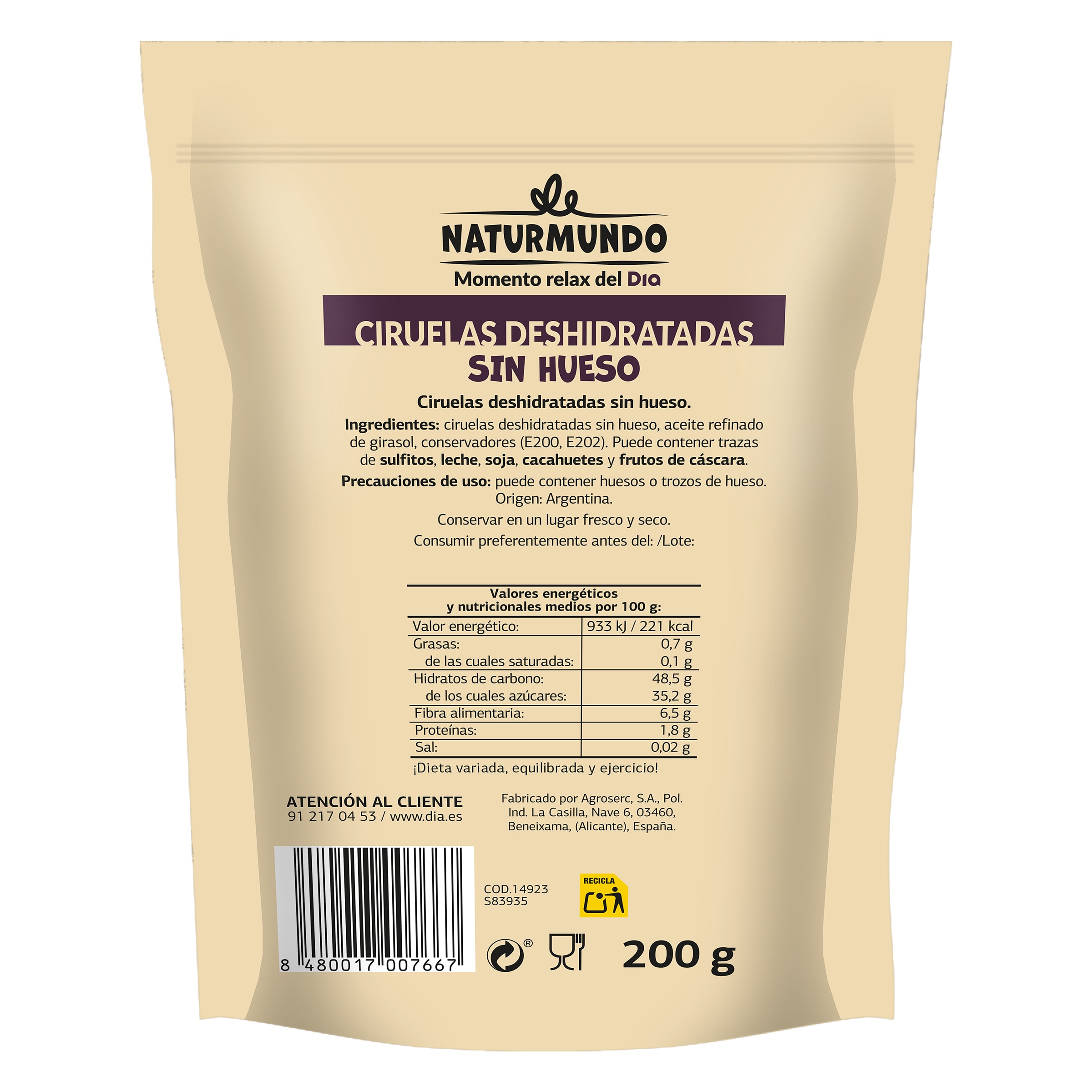 Ciruelas deshidratadas sin hueso Dia Naturmundo 200 g