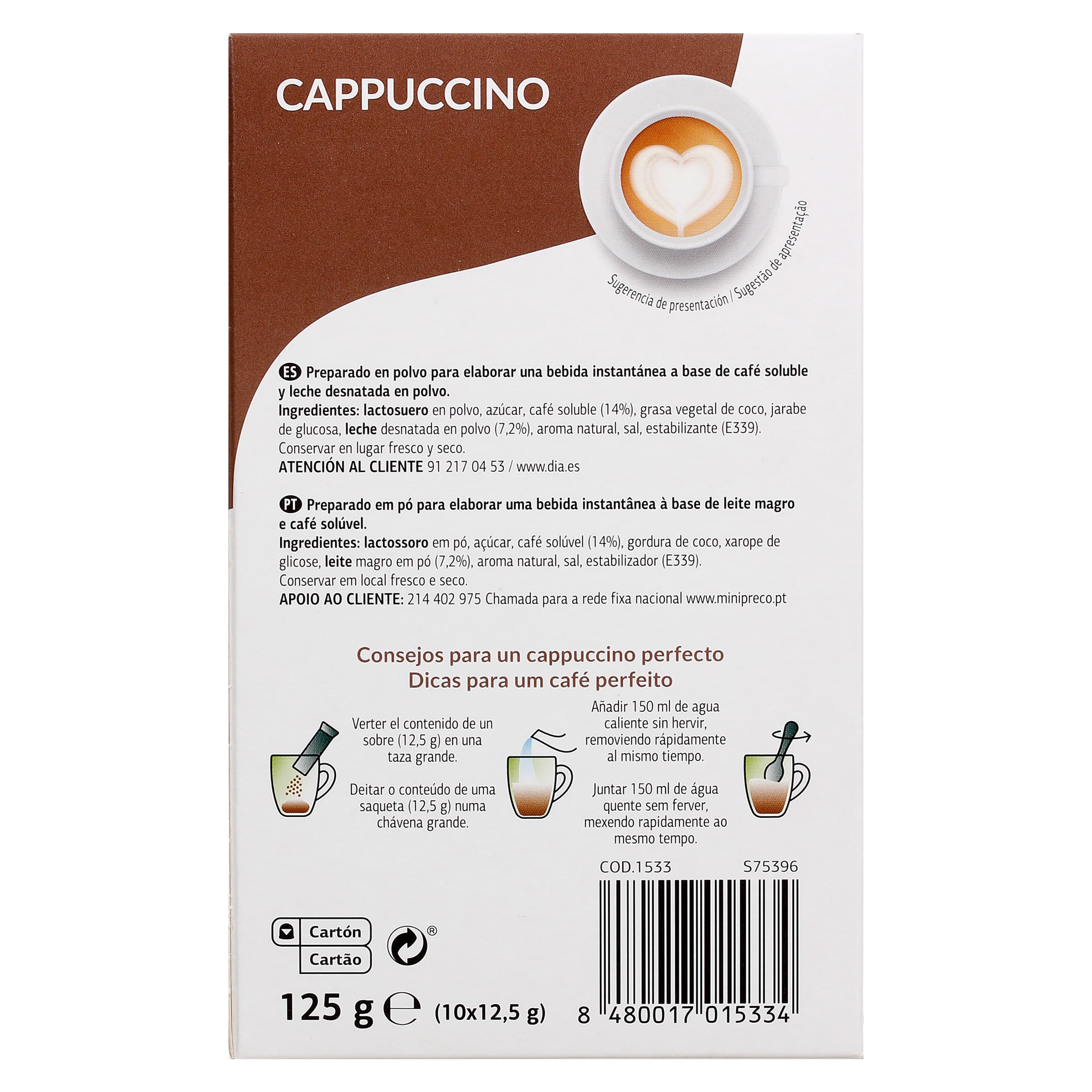 Café soluble cappuccino en sobres Dia Cafetería 125 g