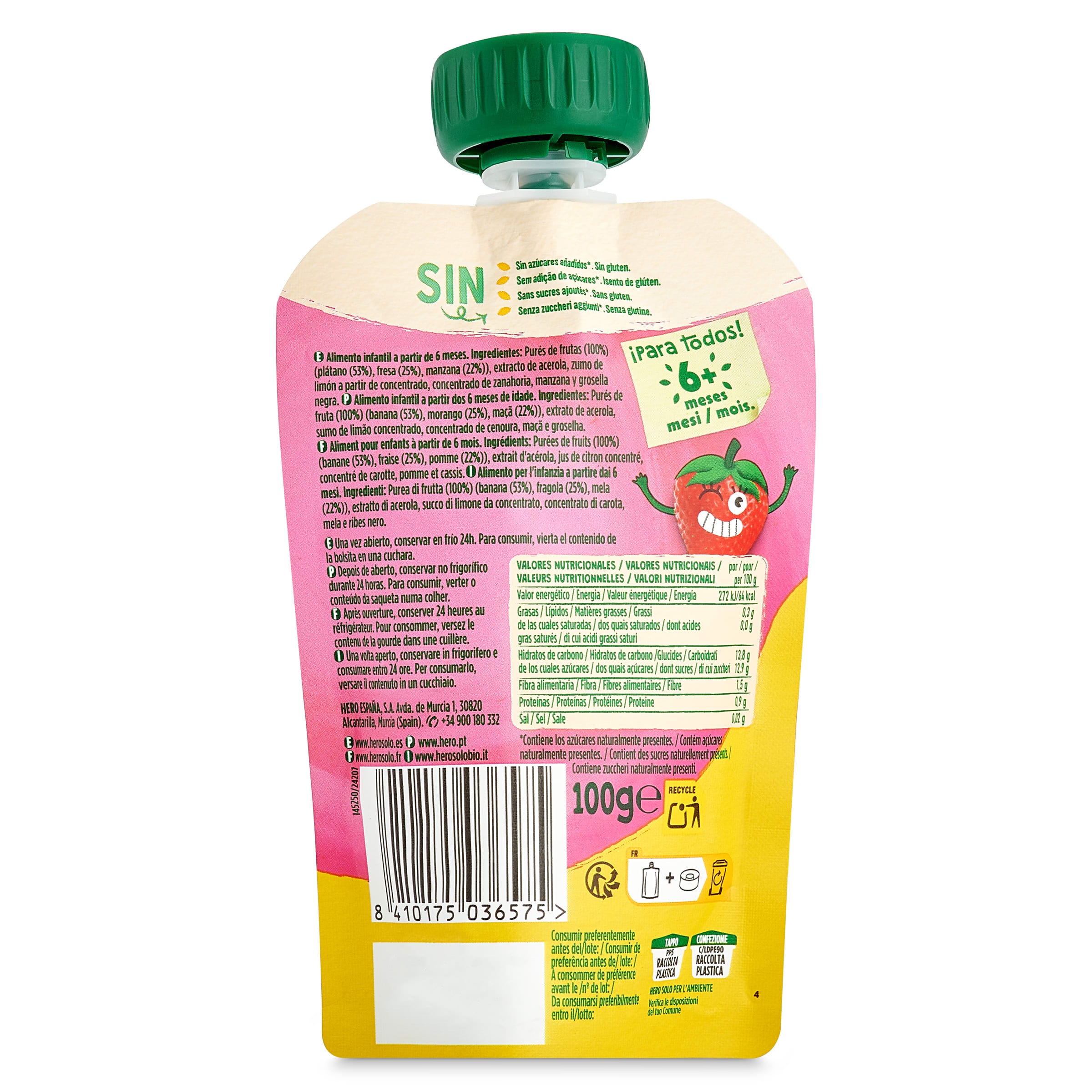 Alimento infantil con puré plátano, fresa y manzana Hero 100 g