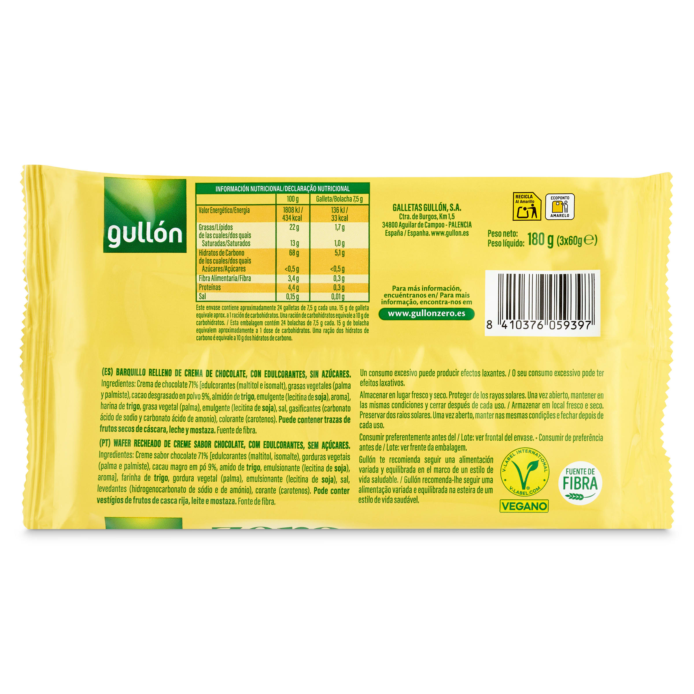 Barquillos de chocolate sin azúcares Gullón 180 g