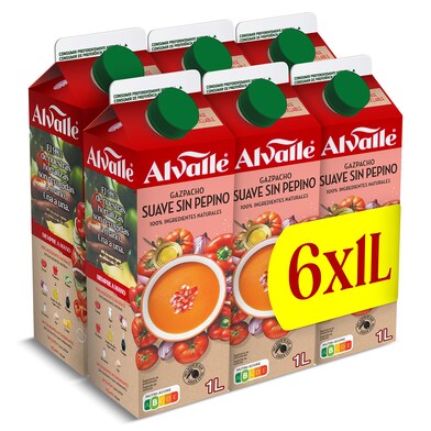 Gazpacho suave sin pepino Alvalle pack 6 x 1 l-0 Gazpacho suave sin pepino Alvalle pack 6 x 1 l-0