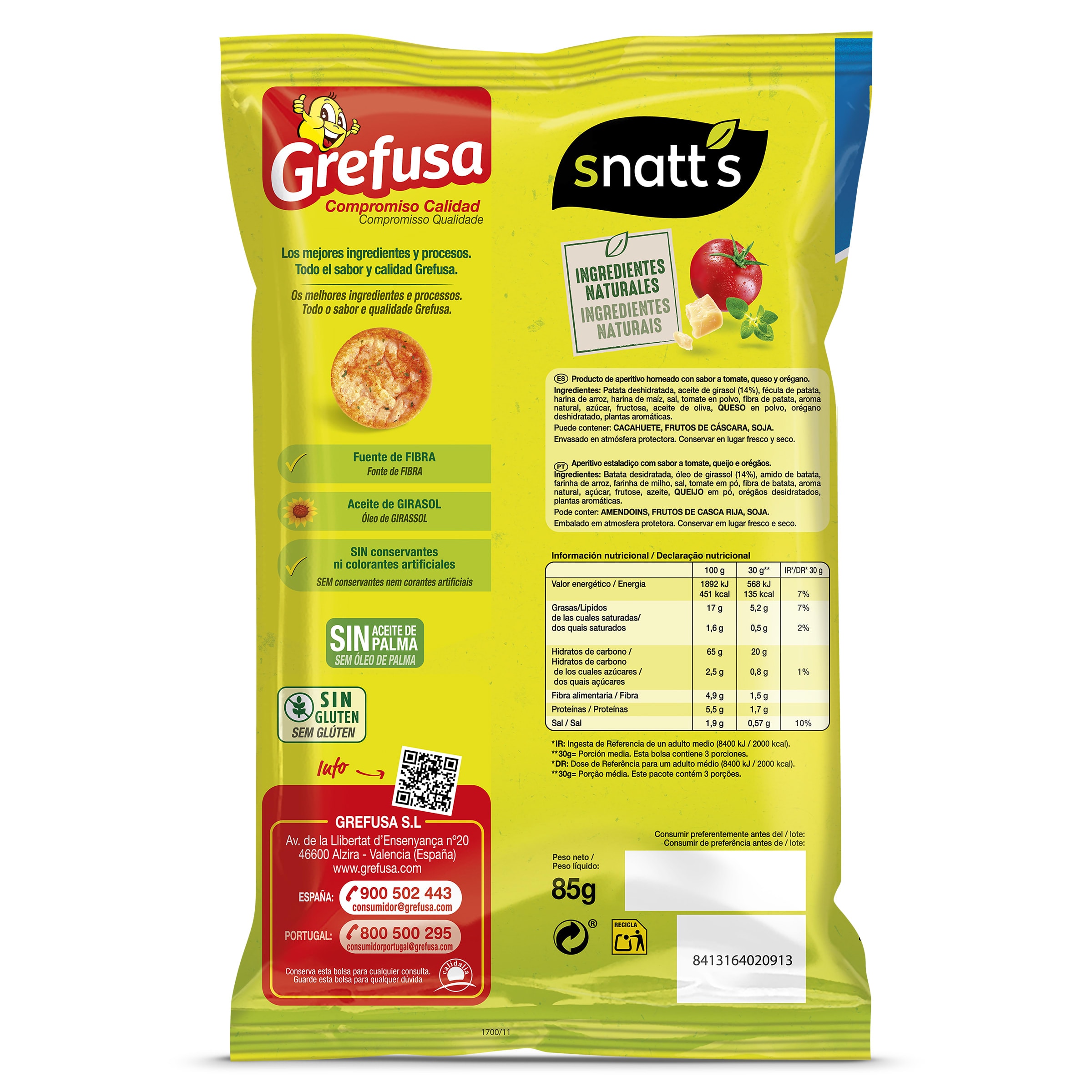 Natuchips sabor tomate, queso y orégano Snatt's 85 g
