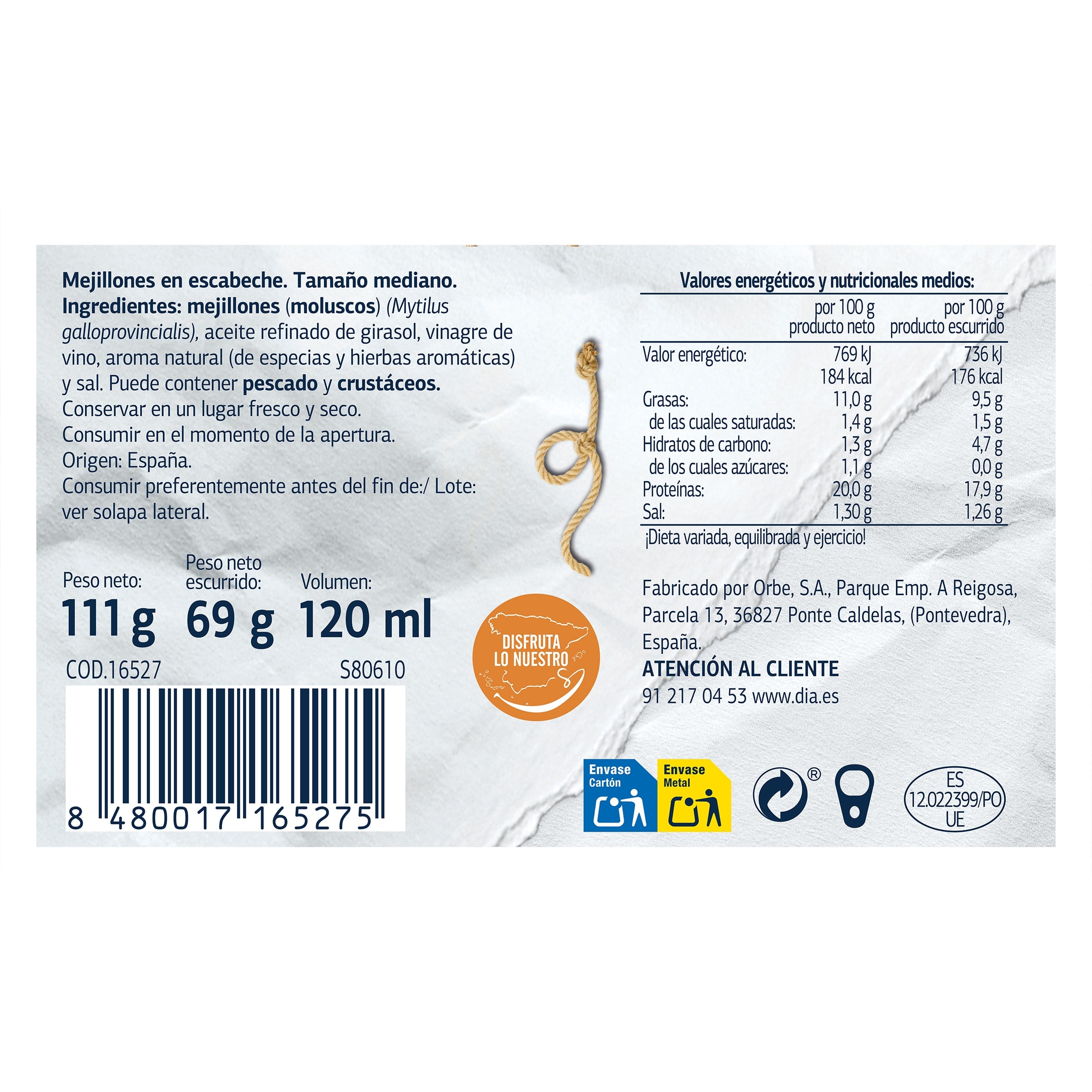 Mejillones en escabeche 8/12 piezas Dia Mari Marinera 69 g