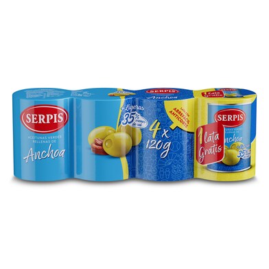 Aceitunas rellenas de anchoa 35% menos sal Serpis lata 3+1 x 50 g-0 Aceitunas rellenas de anchoa 35% menos sal Serpis lata 3+1 x 50 g-0