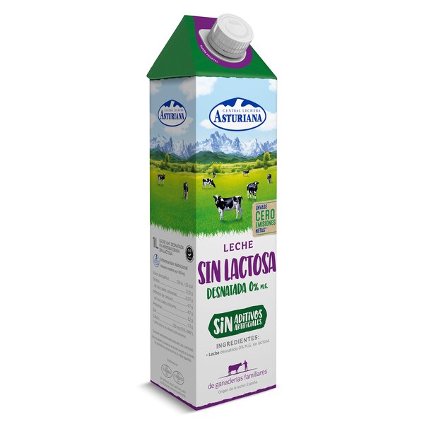 Leche Desnatada 0% M.G sin Lactosa Asturiana Envase 1 L.