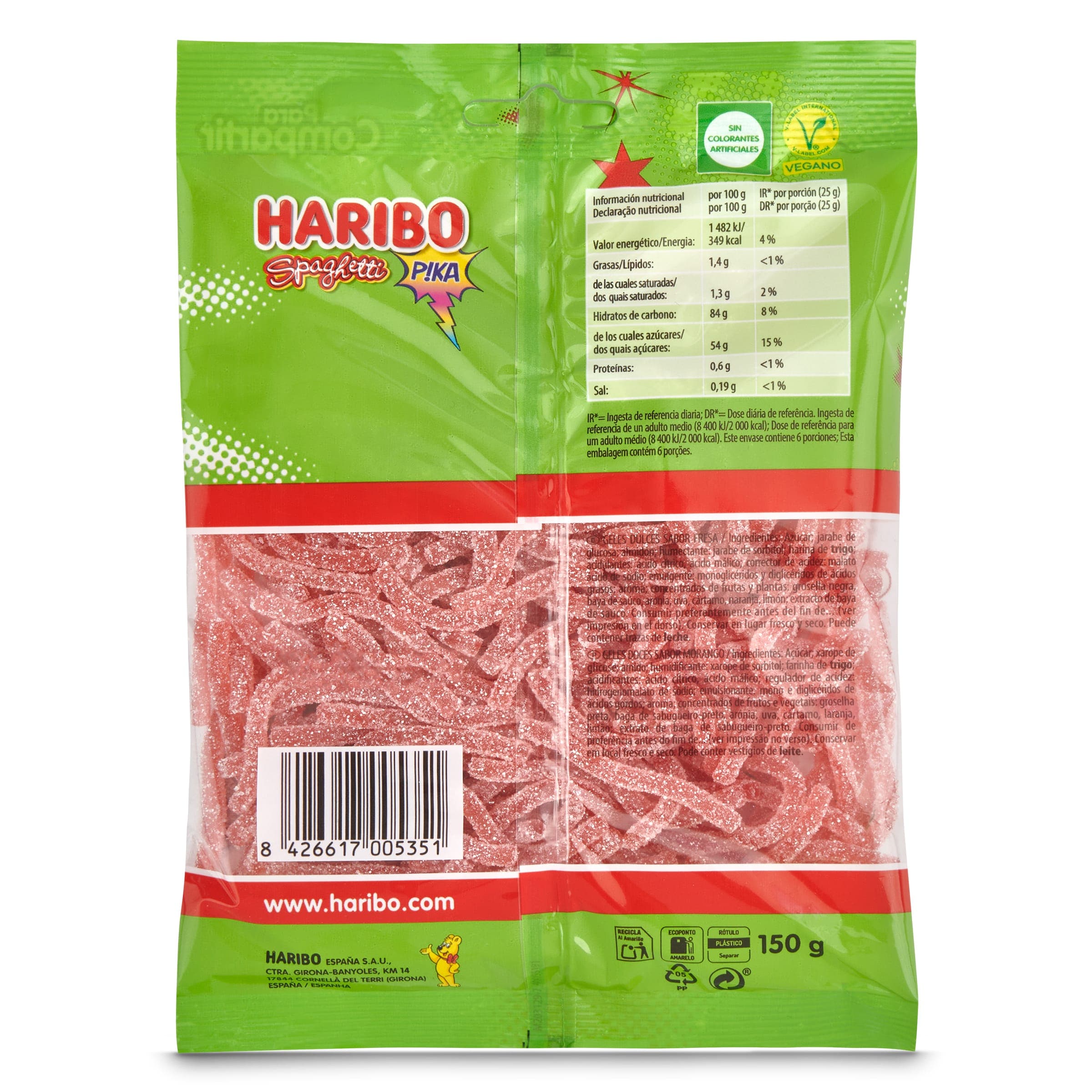 Golosinas spaguetti sabor fresa pika Haribo bolsa 150 g