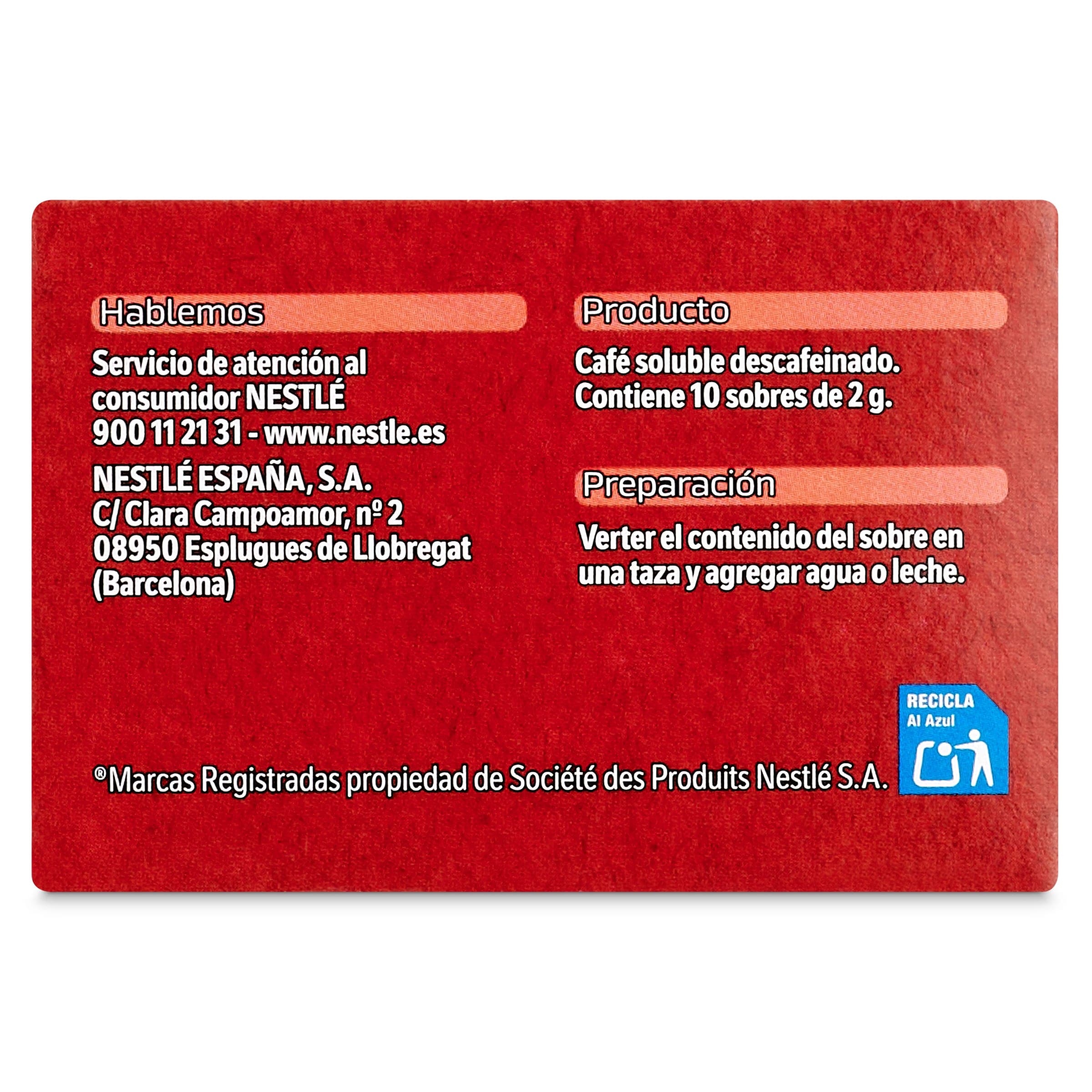 Café soluble descafeinado en sobres Nescafé 20 g