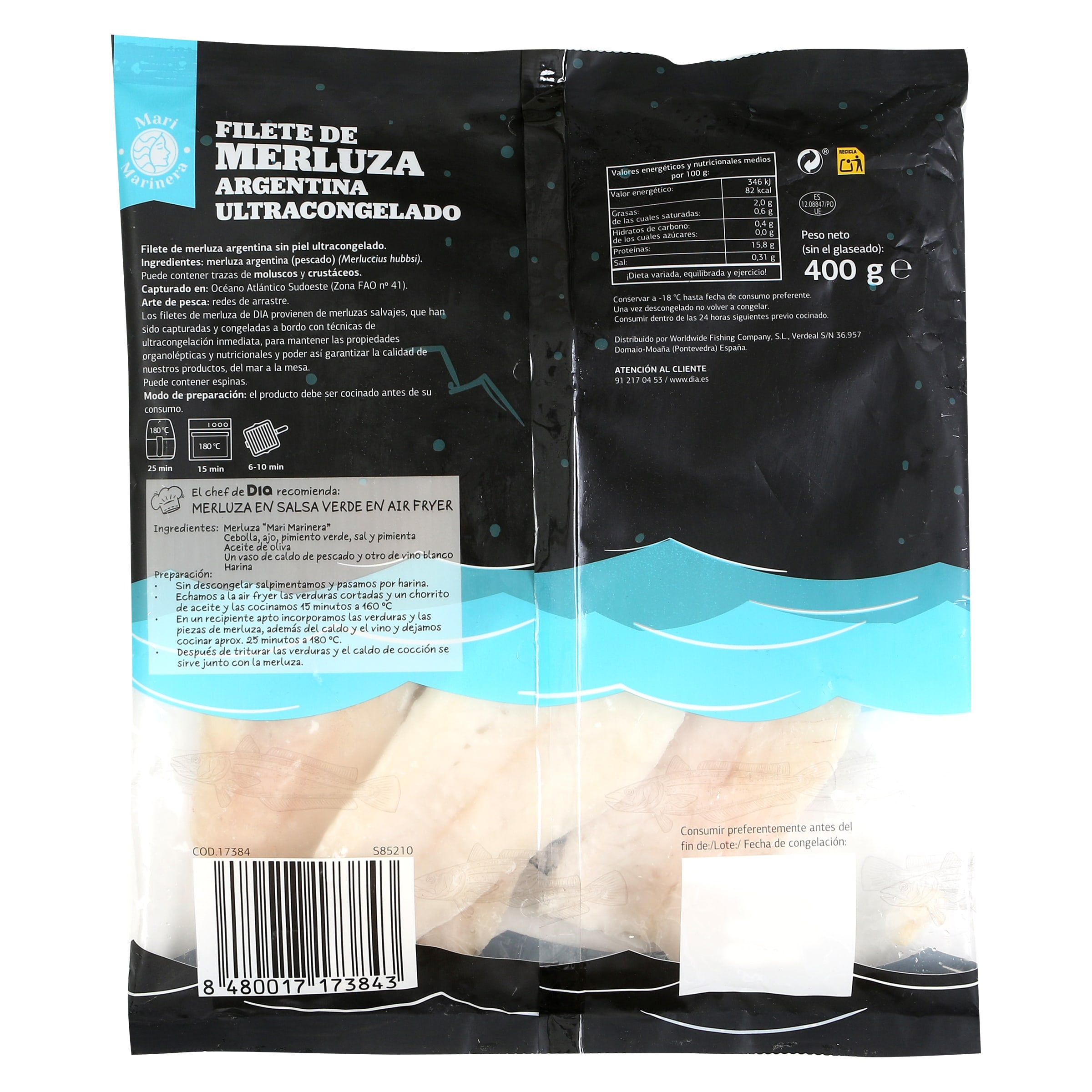Filetes de merluza Argentina sin piel Dia Mari Marinera 400 g