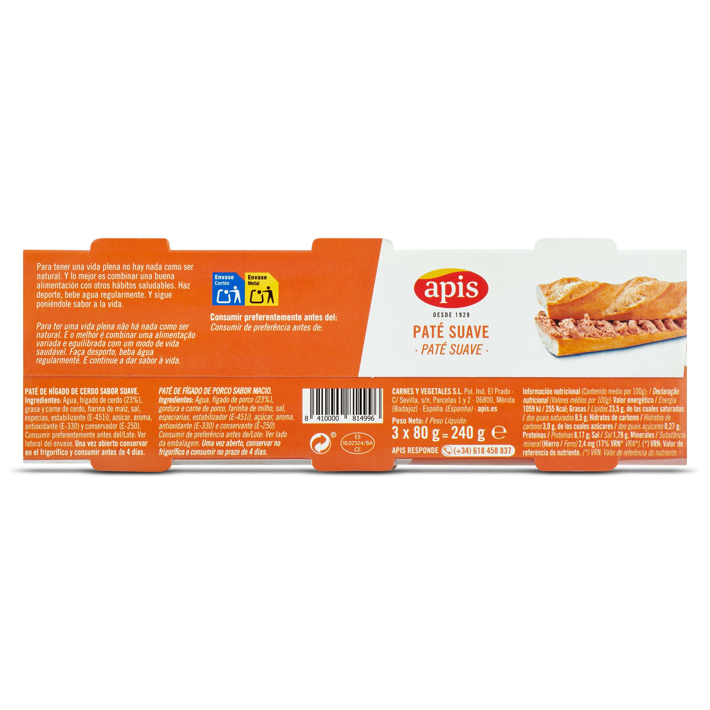 Paté suave Apis 3 x 80 g