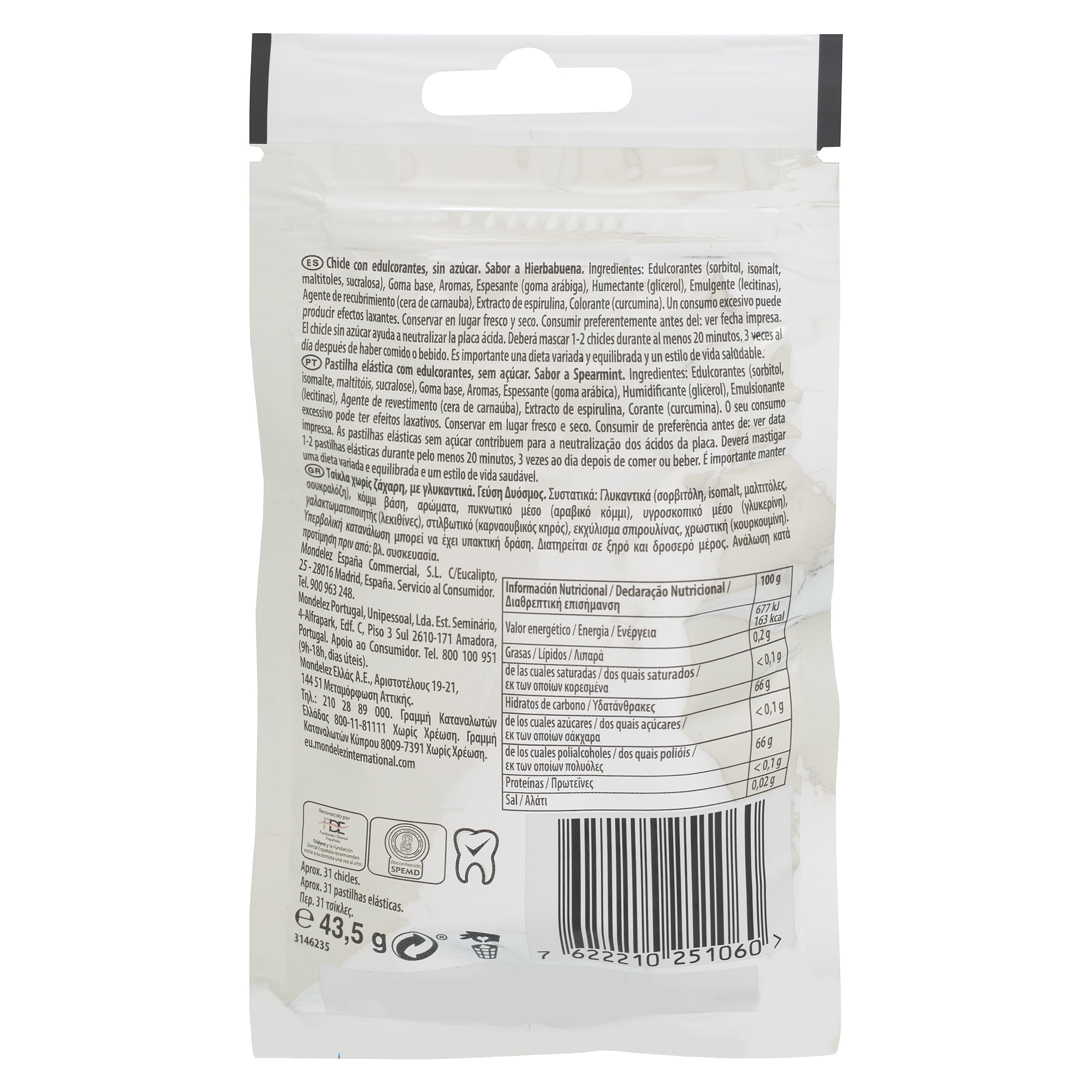 Chicles sabor hierbabuena sin azúcar Trident 43 g