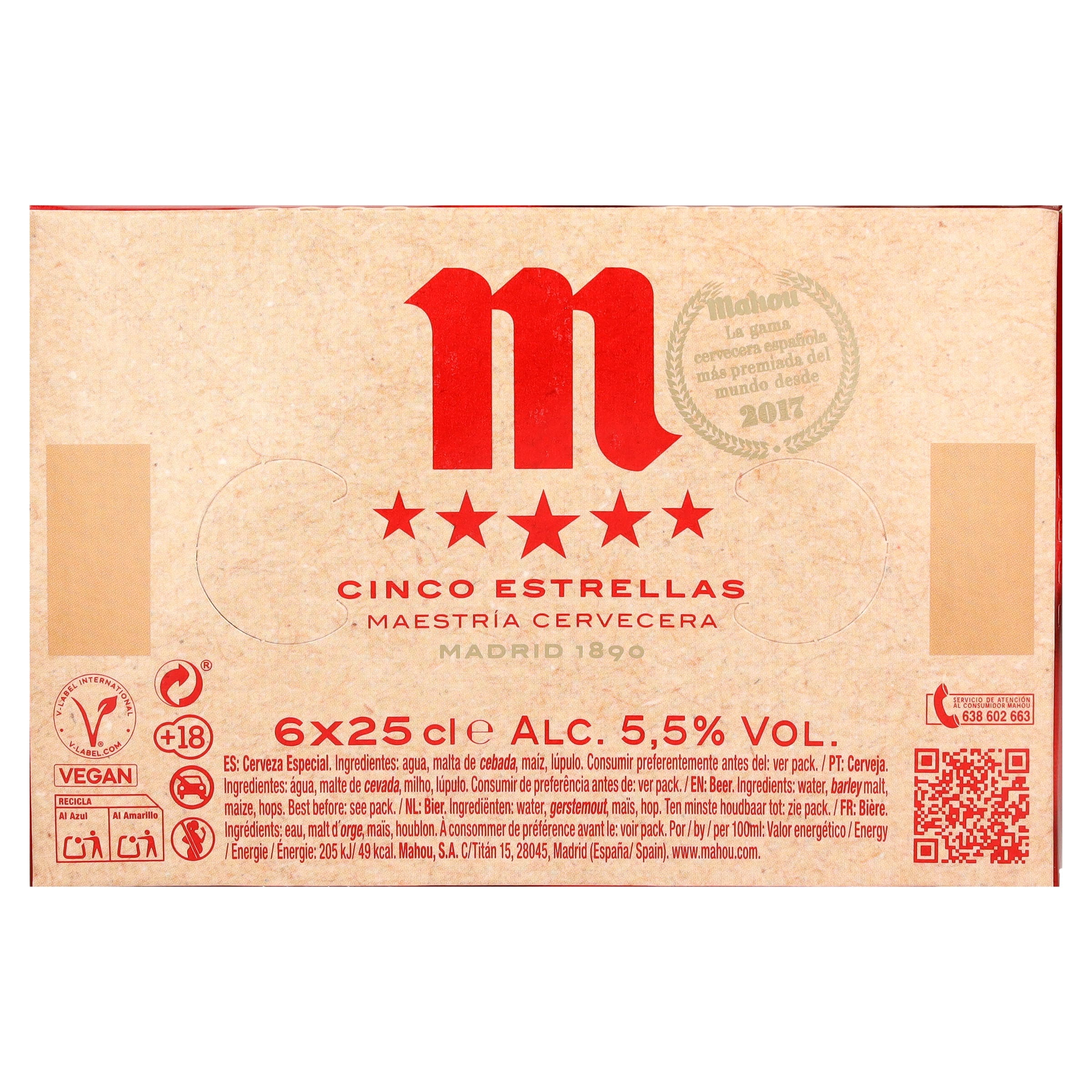 Cerveza Mahou 5 Estrellas pack 6 x 25 cl