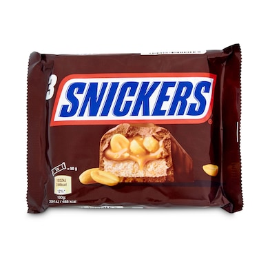 Barritas de chocolate con caramelo y cacahuetes 3 unidades Snickers bolsa 150 g-0