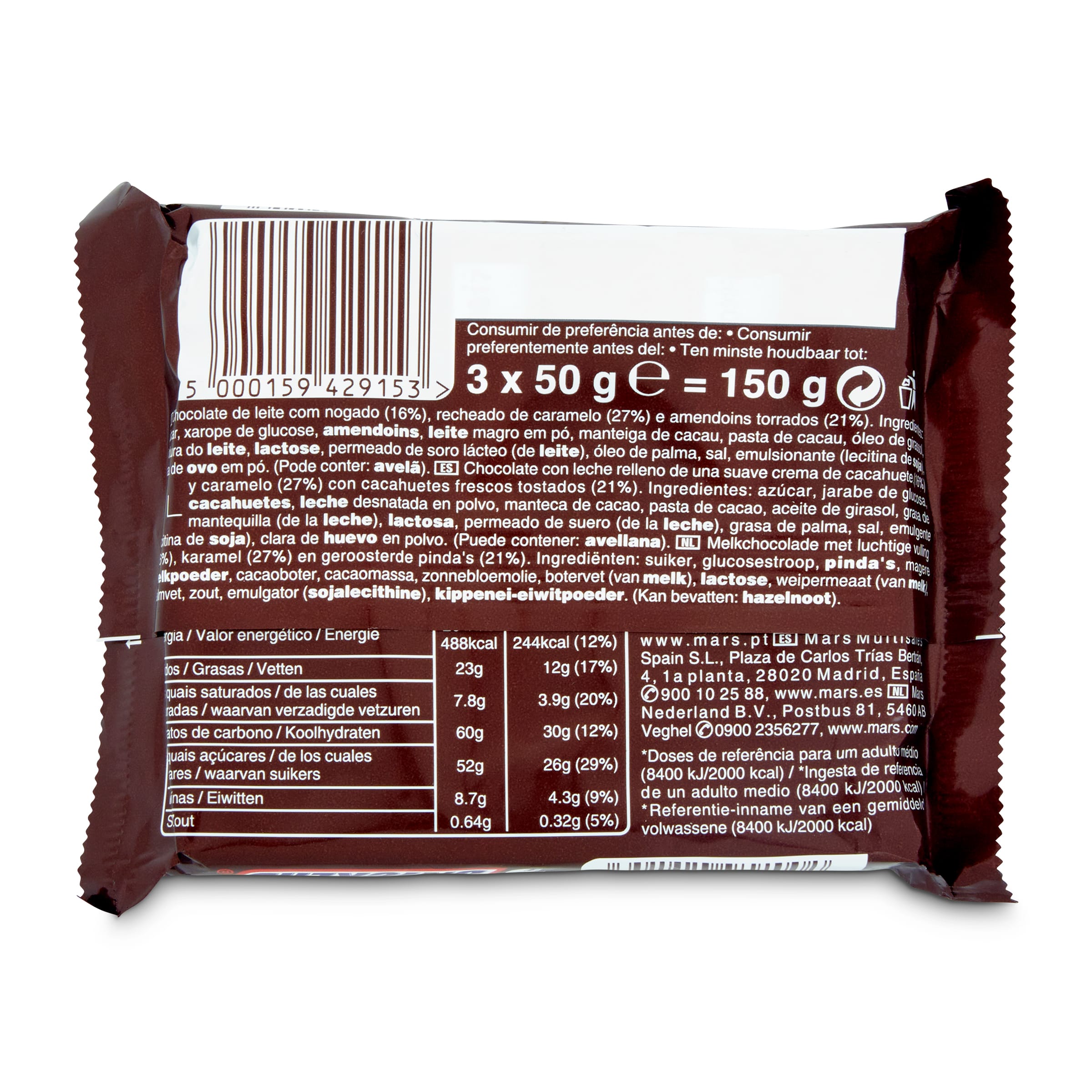 Barritas de chocolate con caramelo y cacahuetes Snickers 150 g