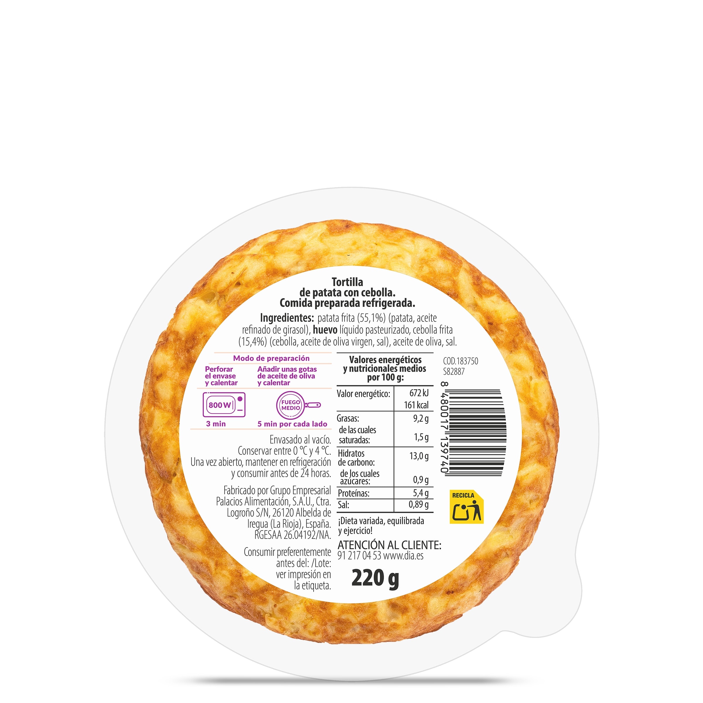Mini tortilla de patatas con cebolla Dia Al Punto 220 g