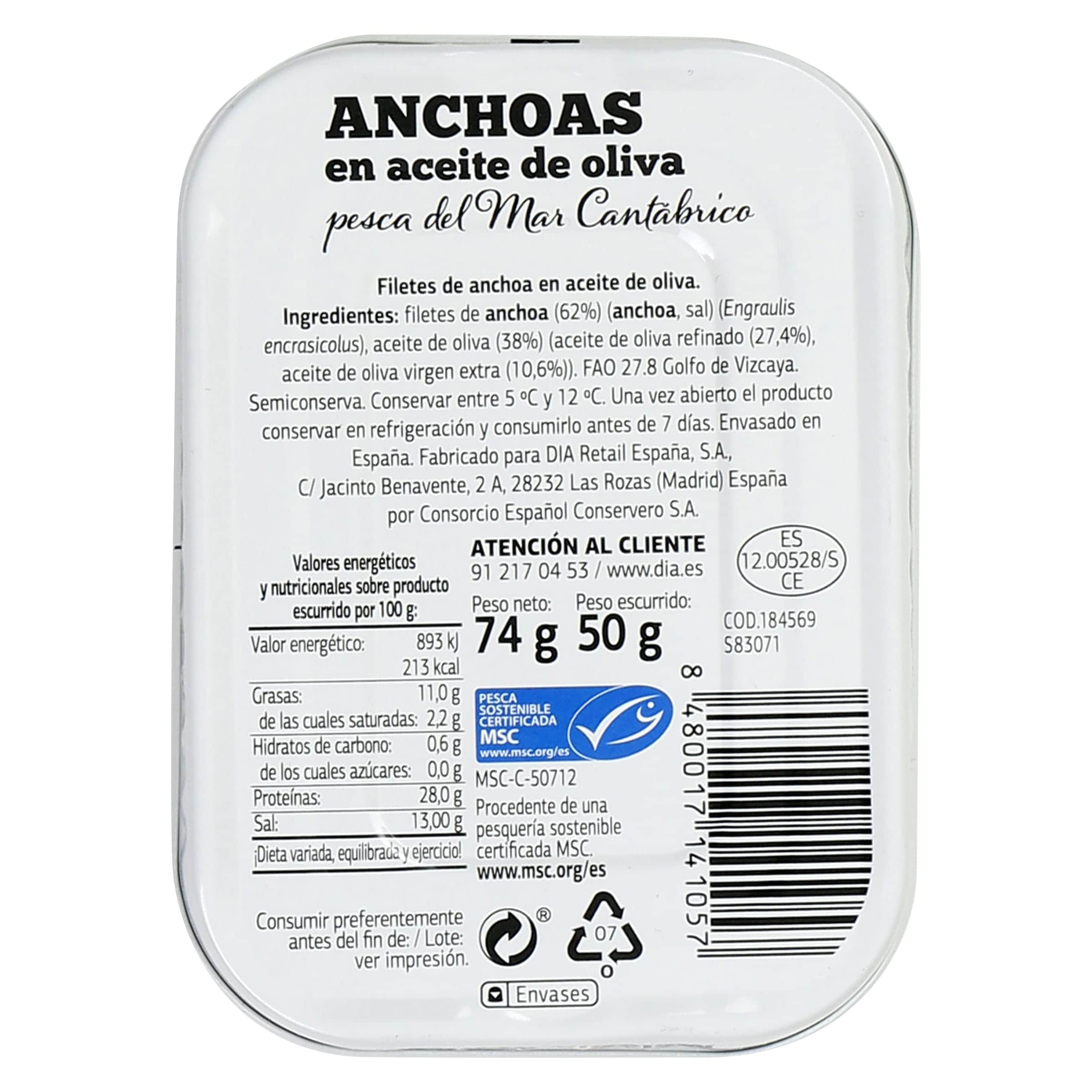 Anchoas del Cantábrico MSC en aceite de oliva Dia Mari Marinera 50 g
