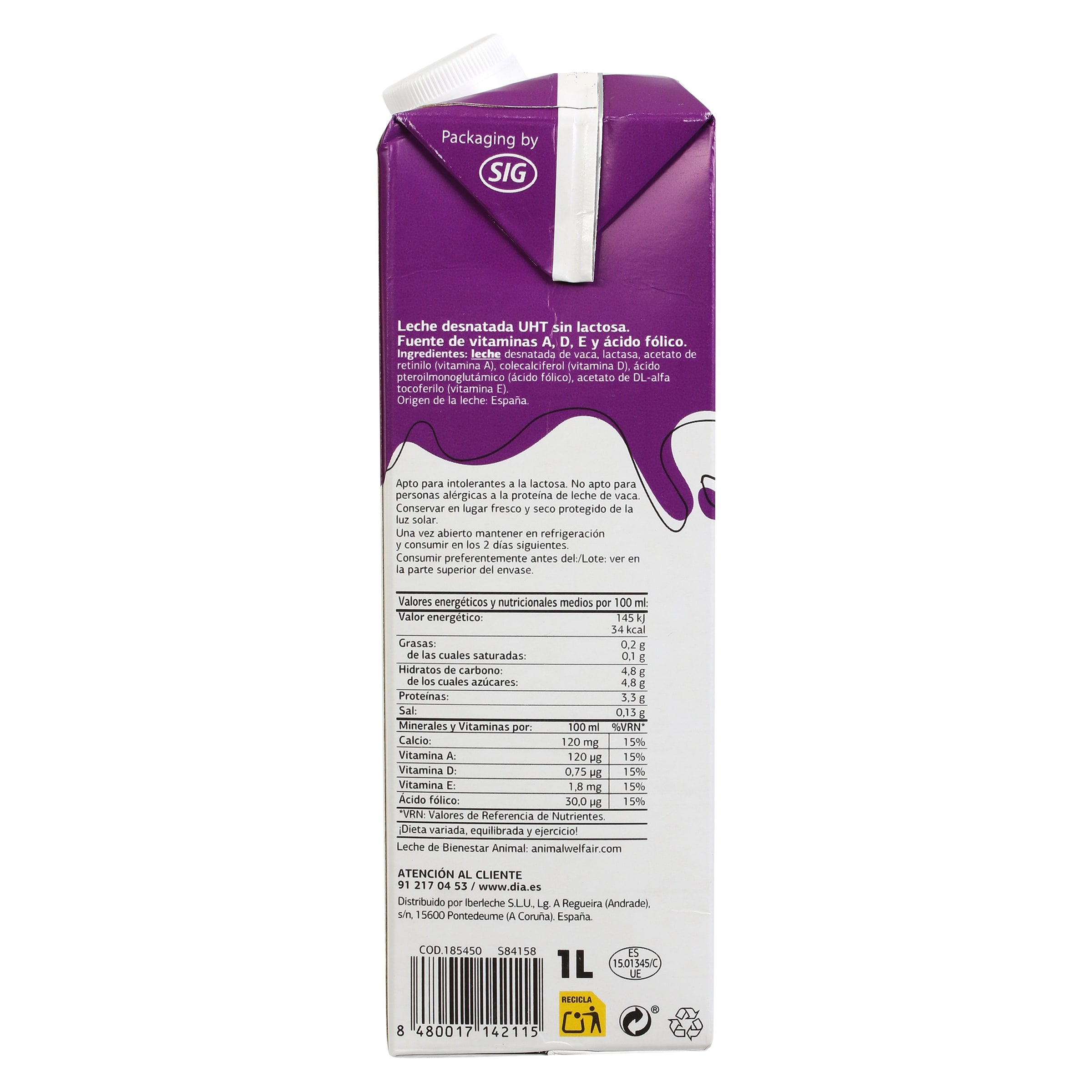 Leche desnatada sin lactosa Dia Láctea 1 L