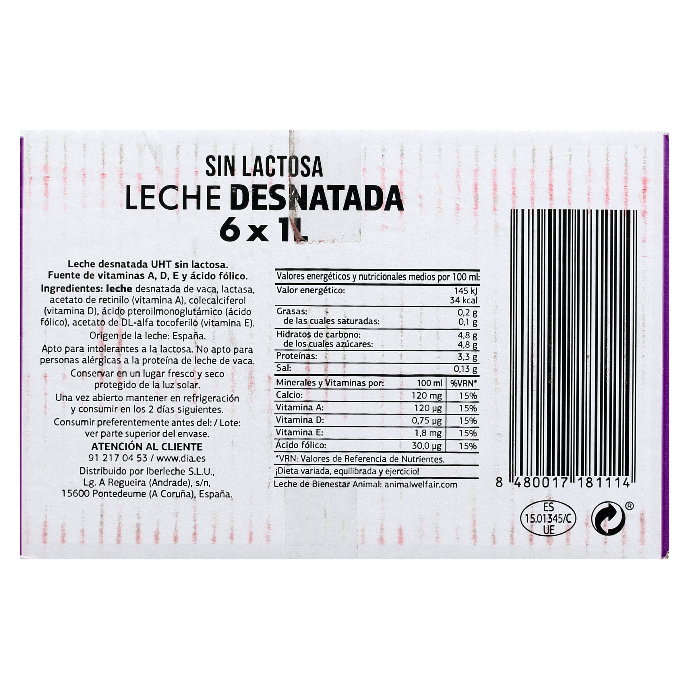 Leche desnatada sin lactosa Dia Láctea pack 6 x 1 L