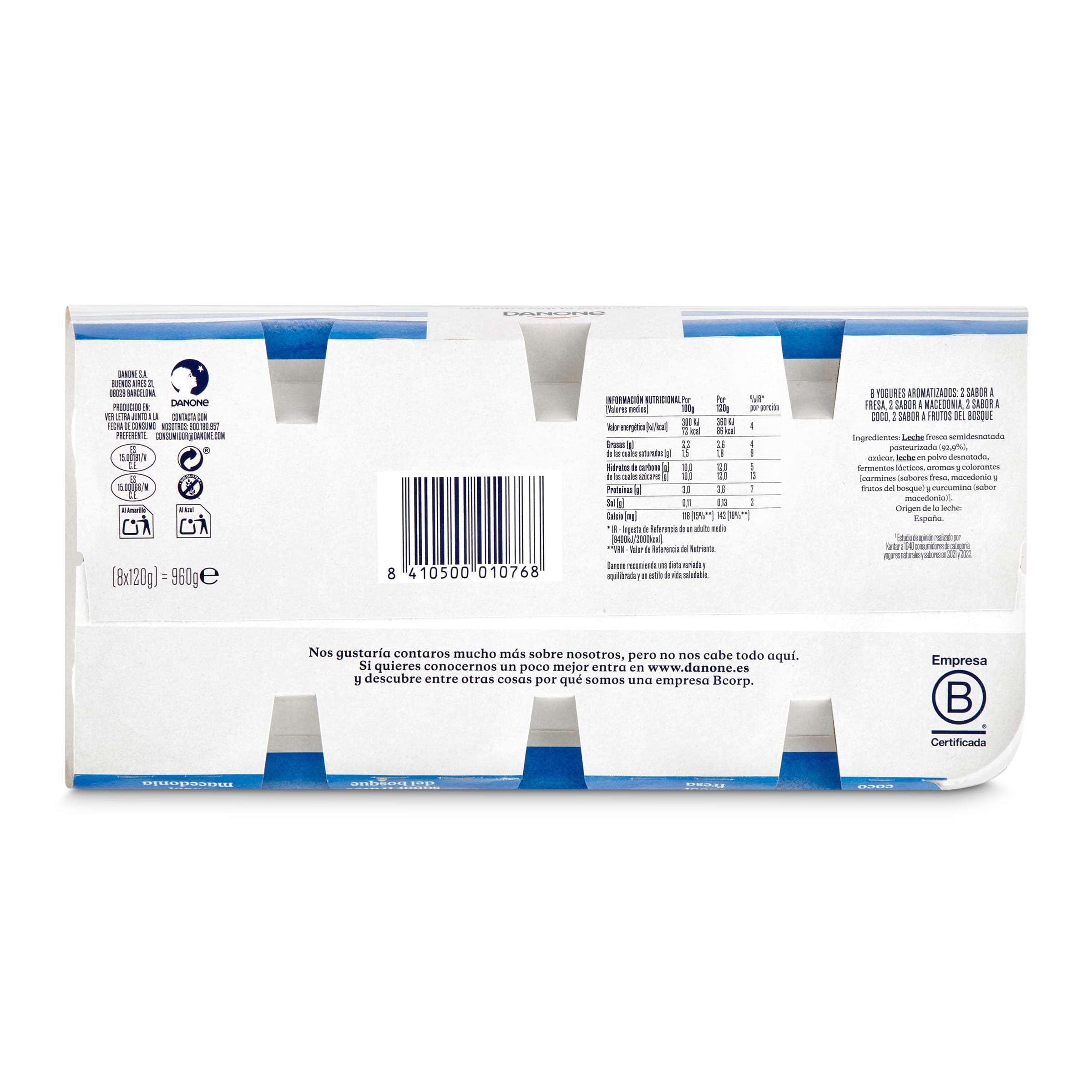 Yogur sabor coco, fresa, frutos del bosque y macedonia Danone 8 x 120 g