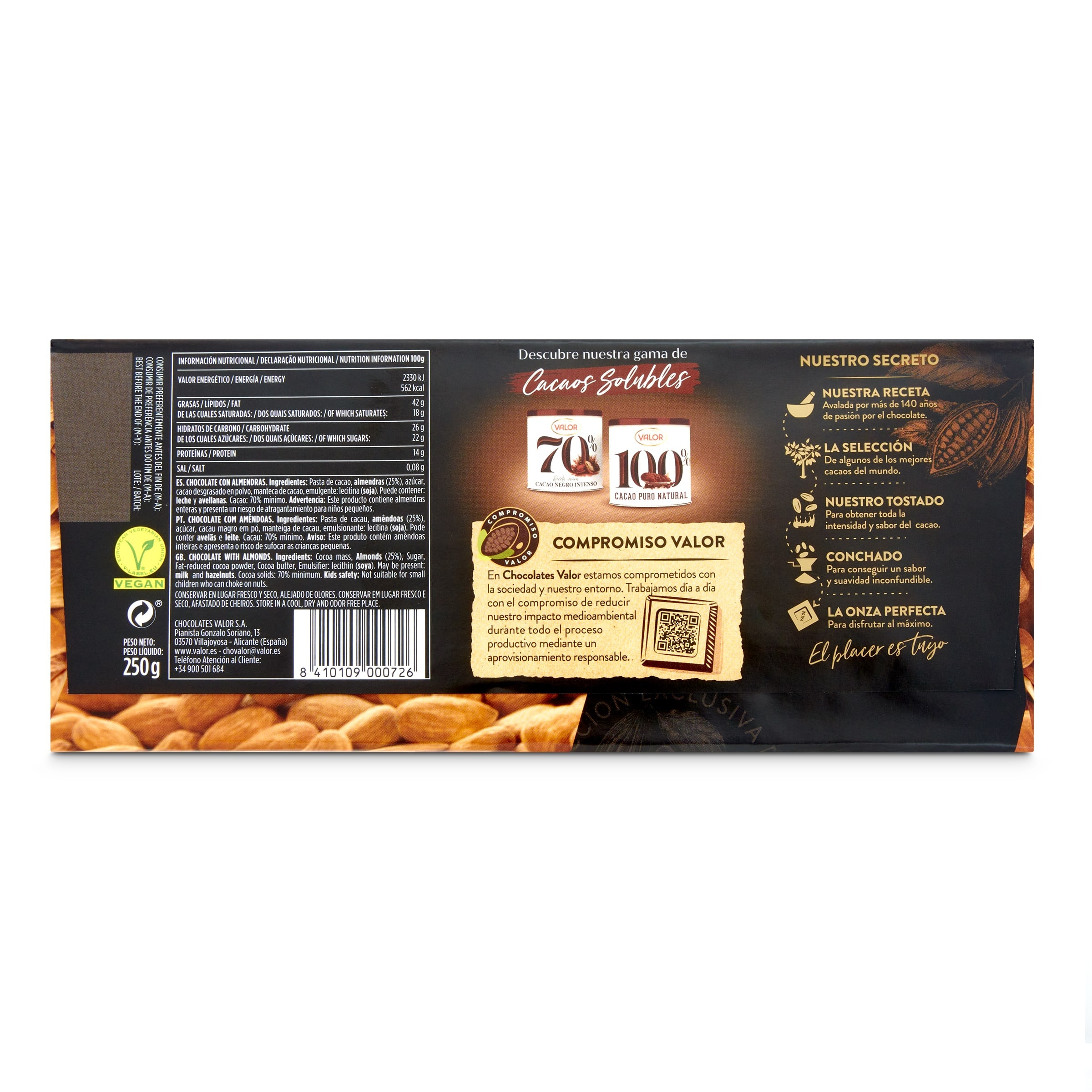 Chocolate negro con almendras enteras Valor 250 g
