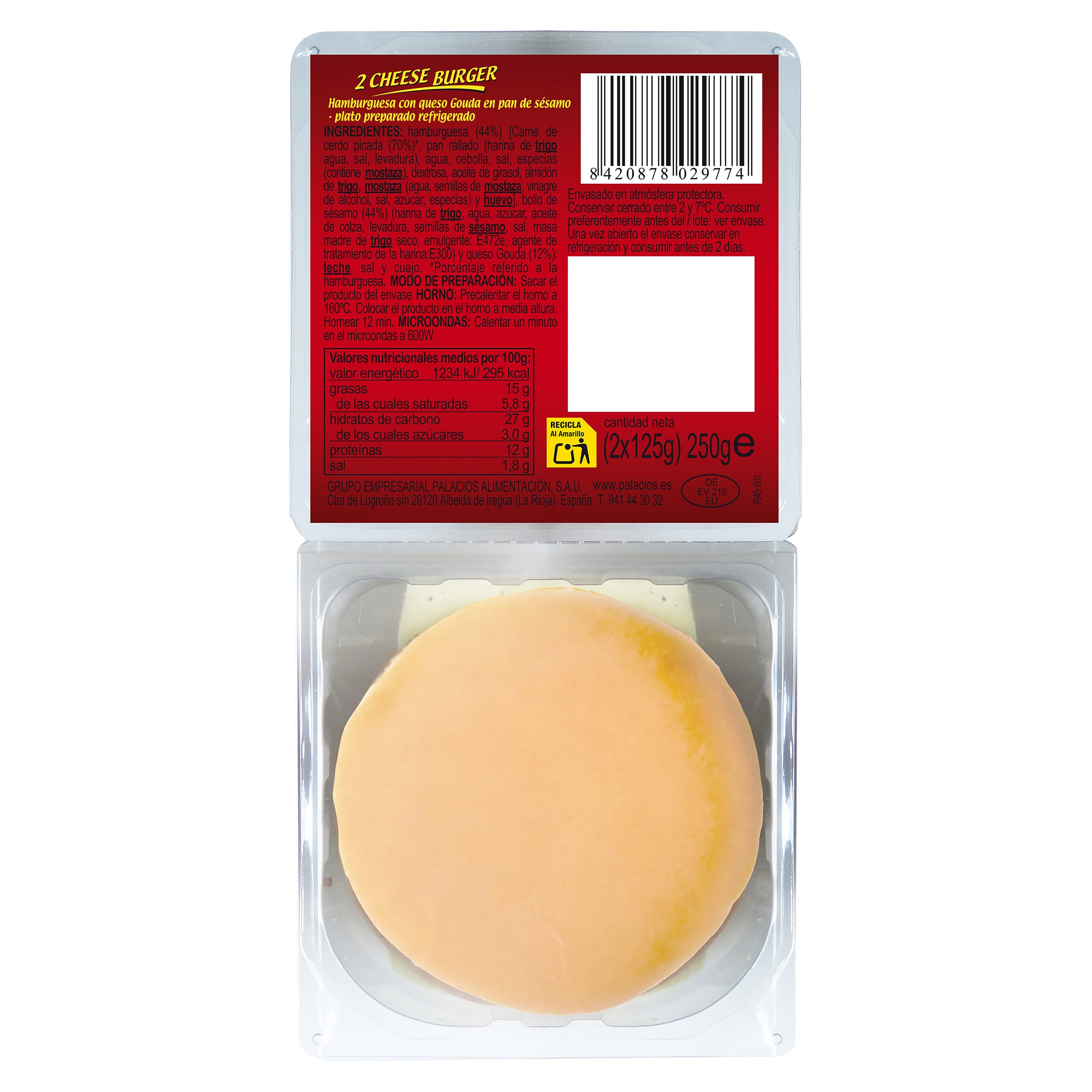 Hamburguesa cheese burger Palacios 2 x 125 g