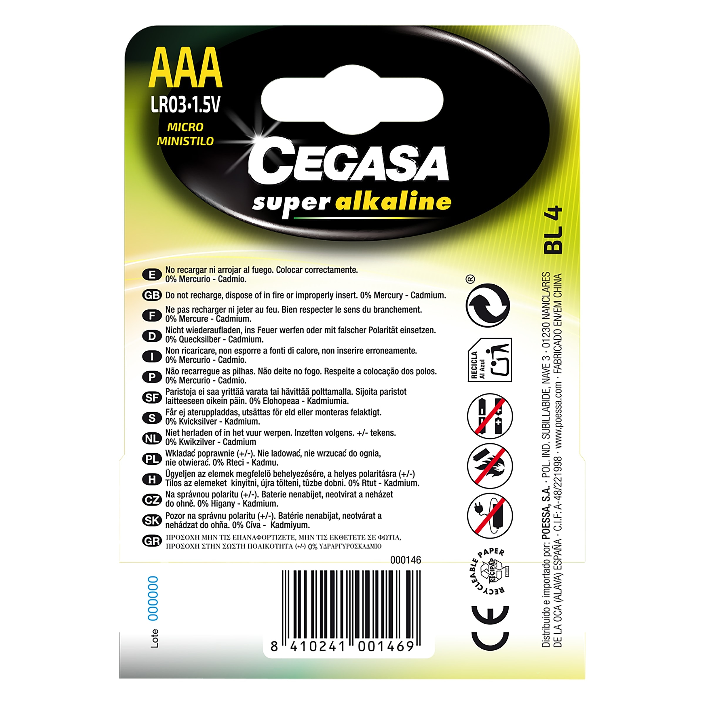 Pilas alcalinas AAA Cegasa 4 unidades