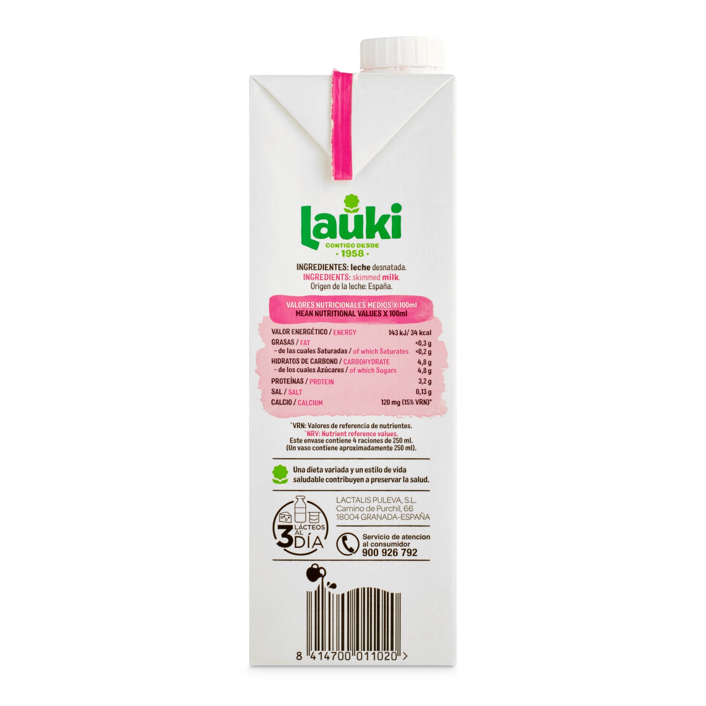 Leche desnatada Lauki 1 L