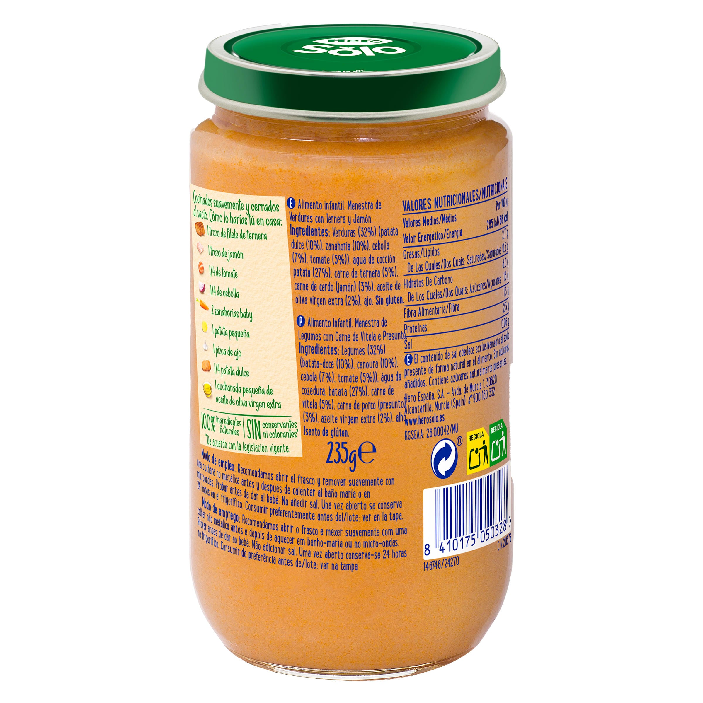 Puré de menestra de verduras con jamón y ternera Hero 235 g