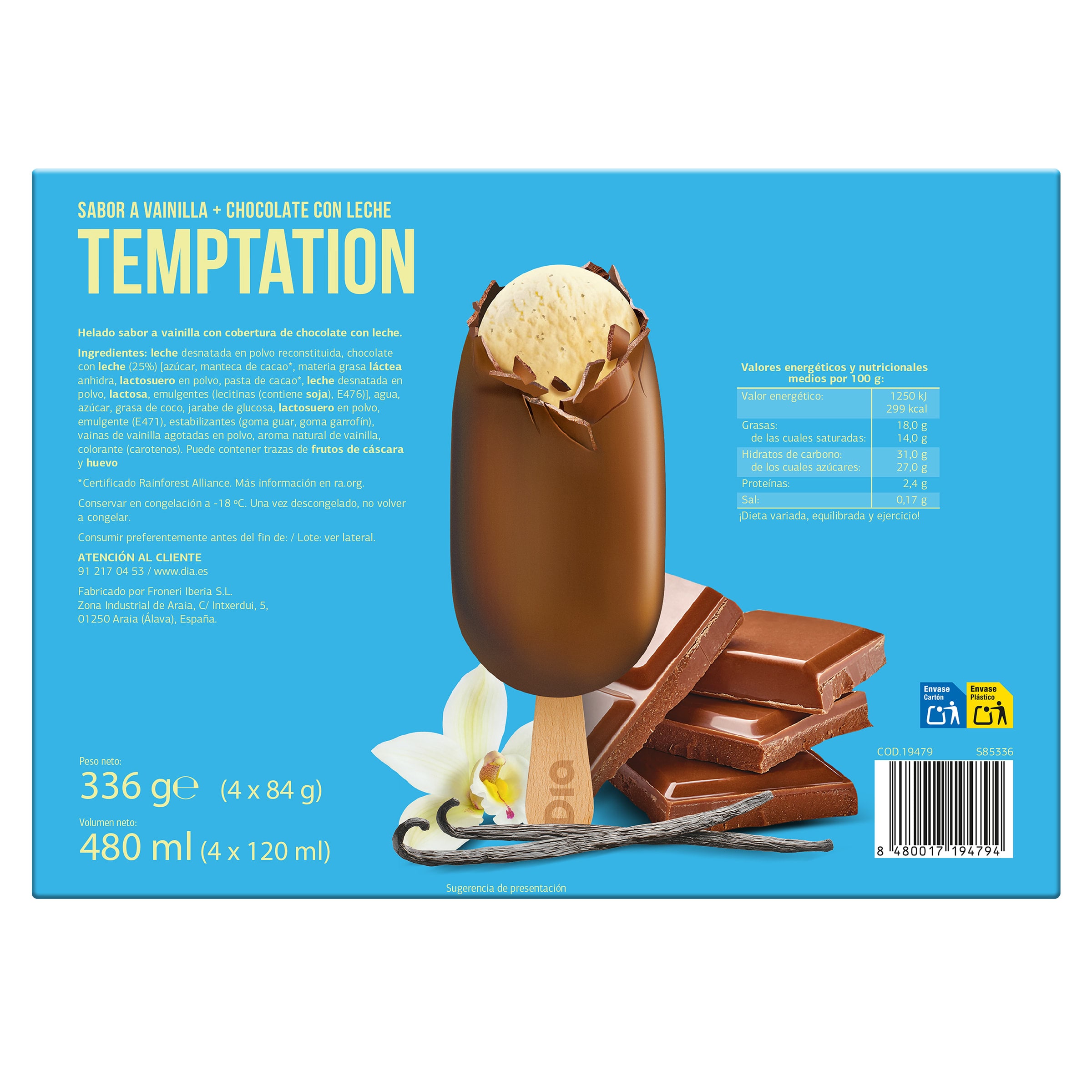 Helado bombón chocolate con leche Dia Temptation 4 x 84 g