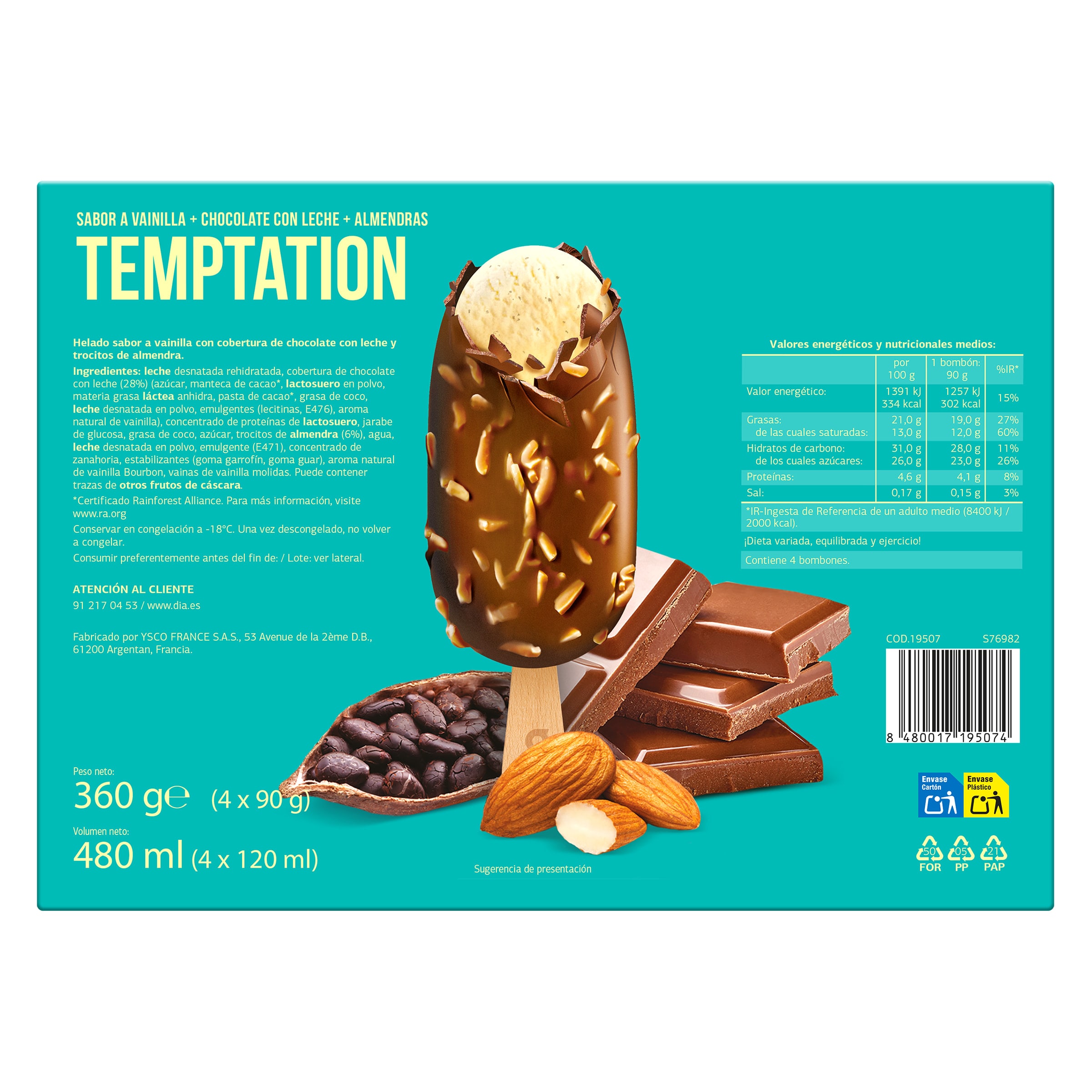 Helado bombón almendrado Dia Temptation 4 x 90 g