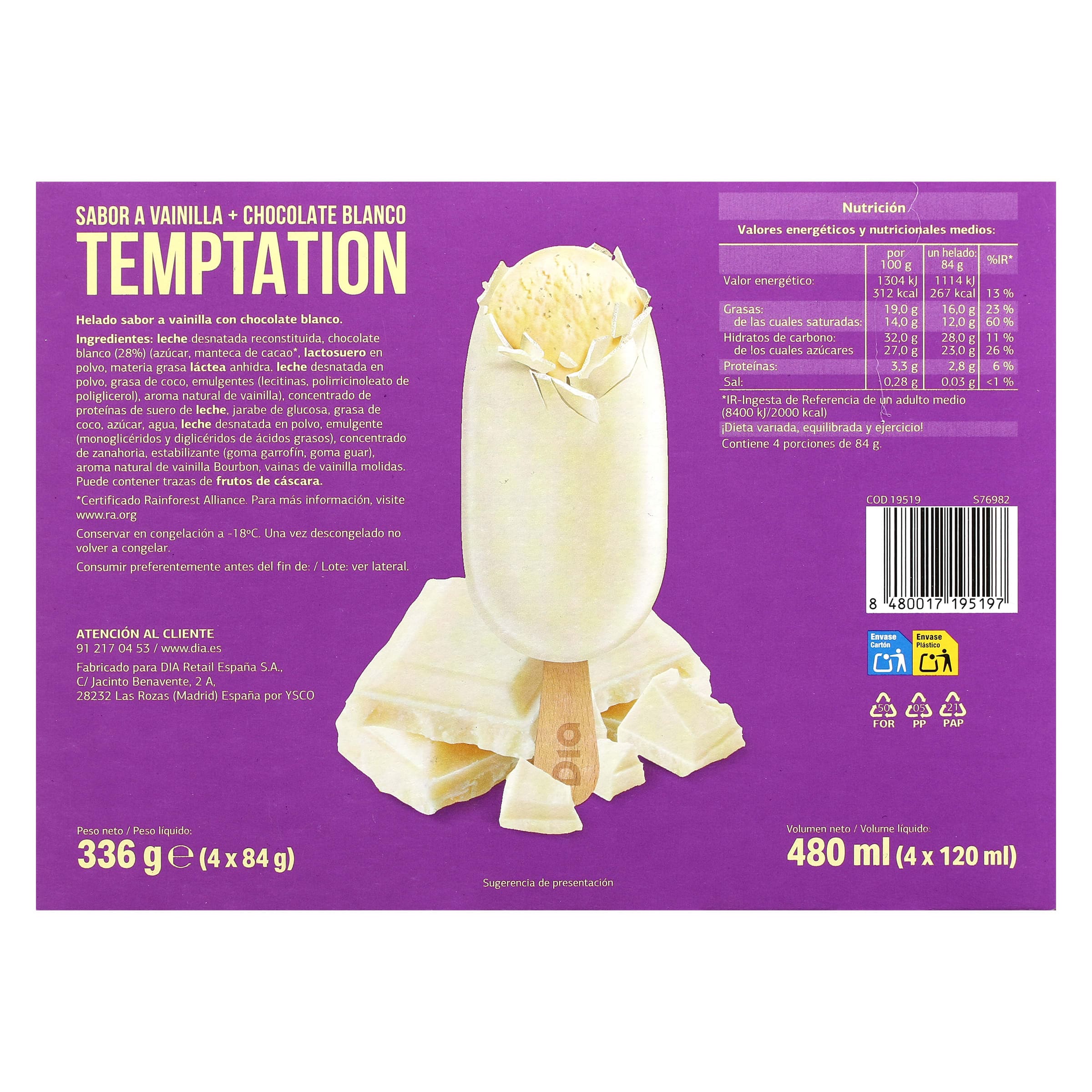 Helado bombón chocolate blanco Dia Temptation 4 x 84 g
