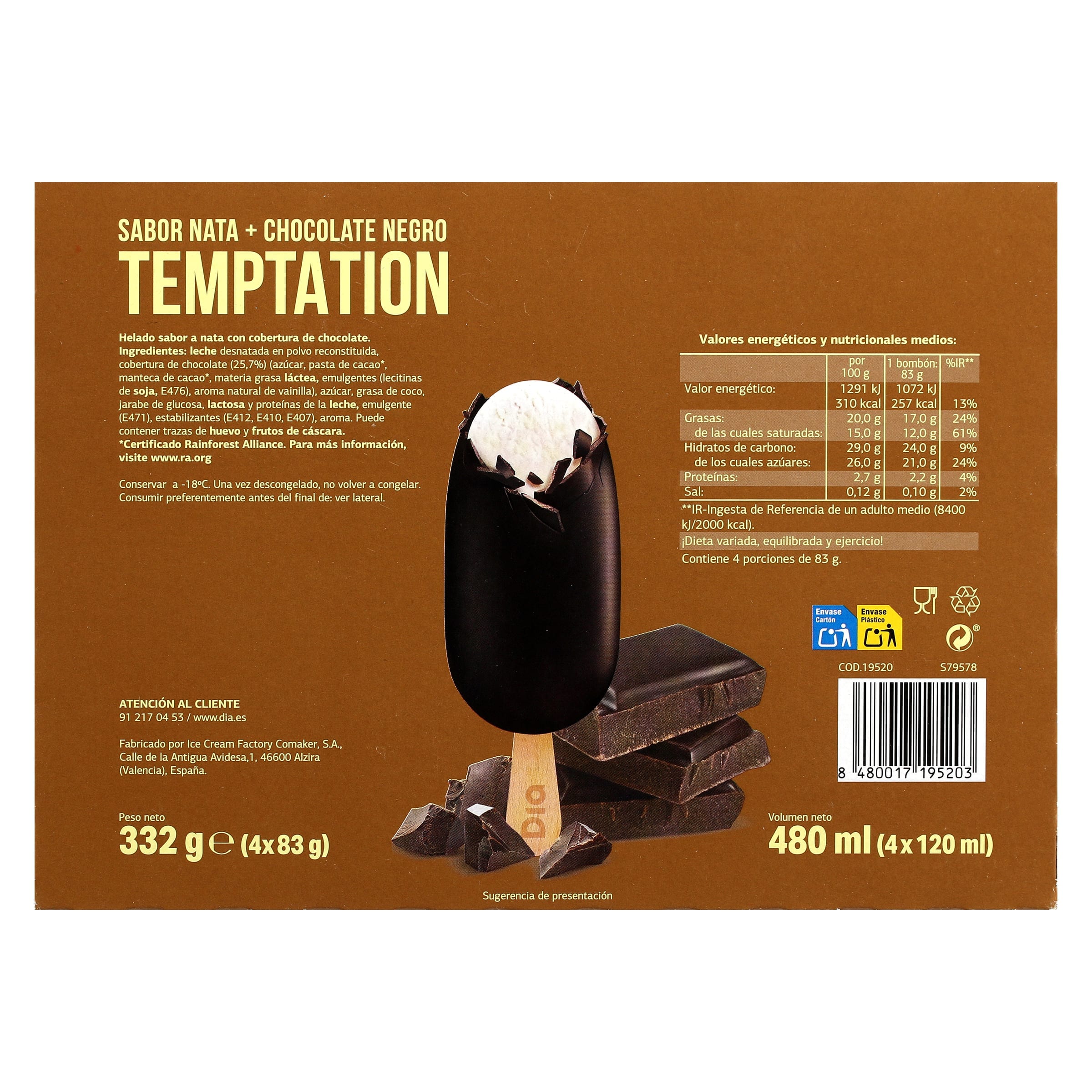 Helado bombón chocolate negro Dia Temptation 4 x 83 g
