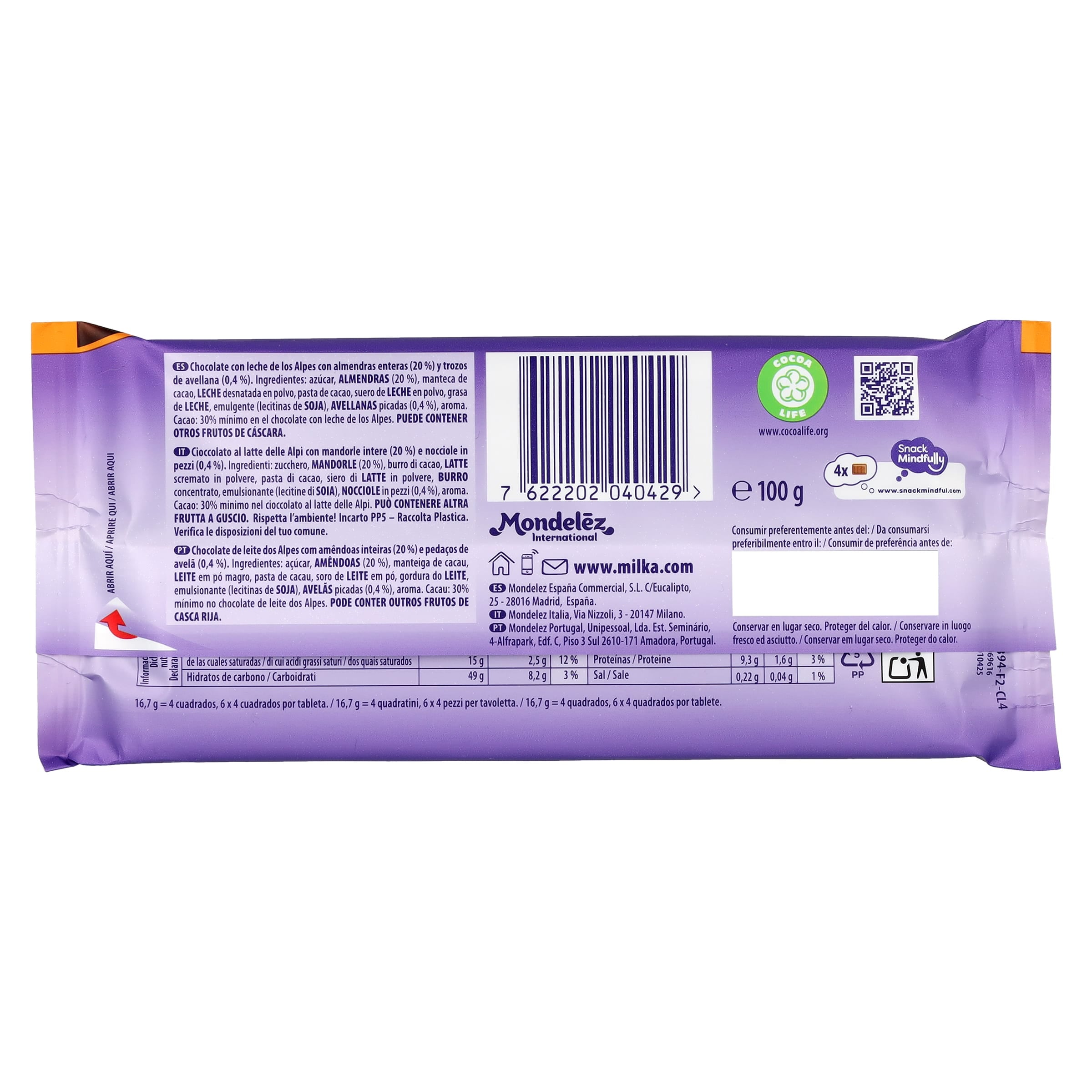 Chocolate con leche y almendras enteras Milka 100 g