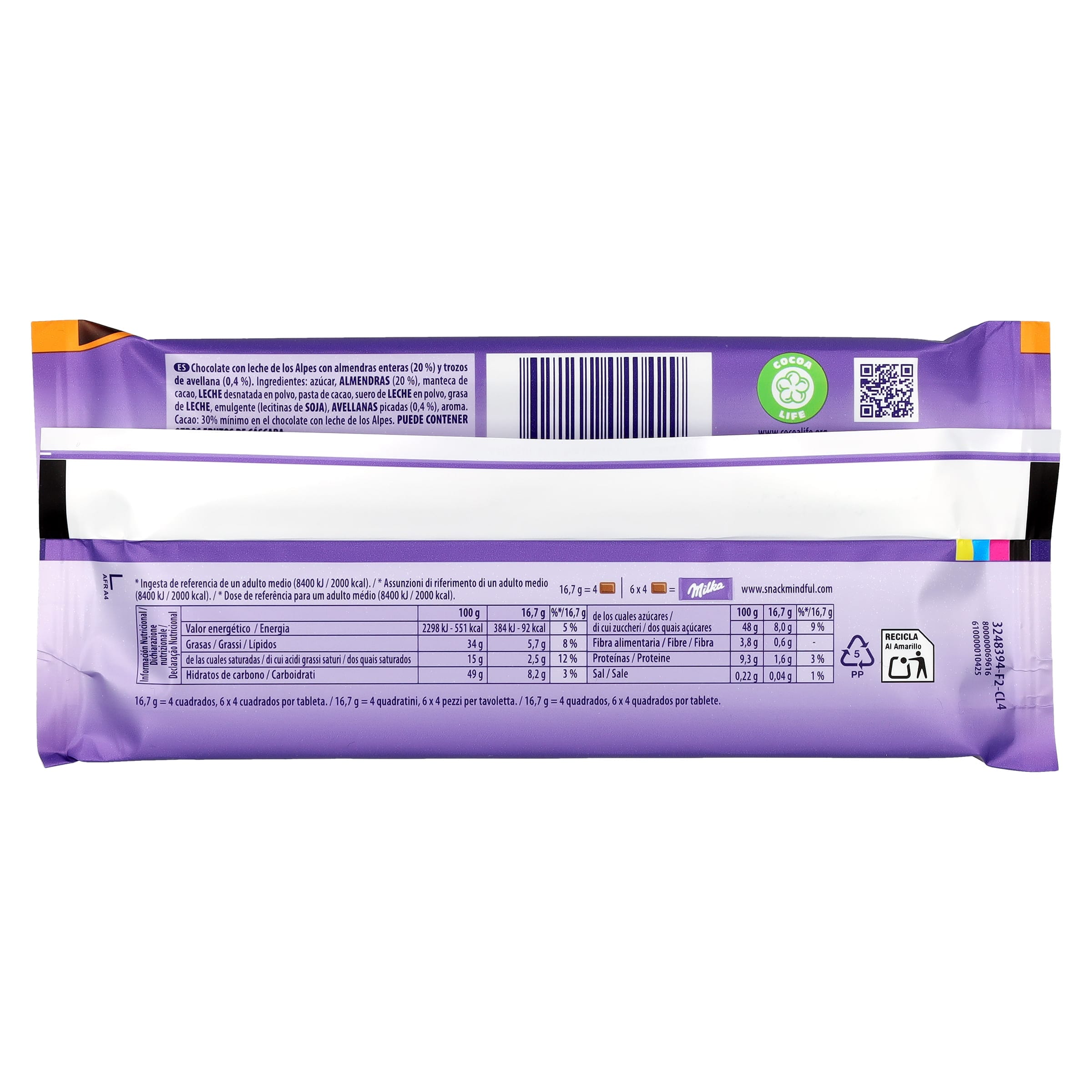 Chocolate con leche y almendras enteras Milka 100 g