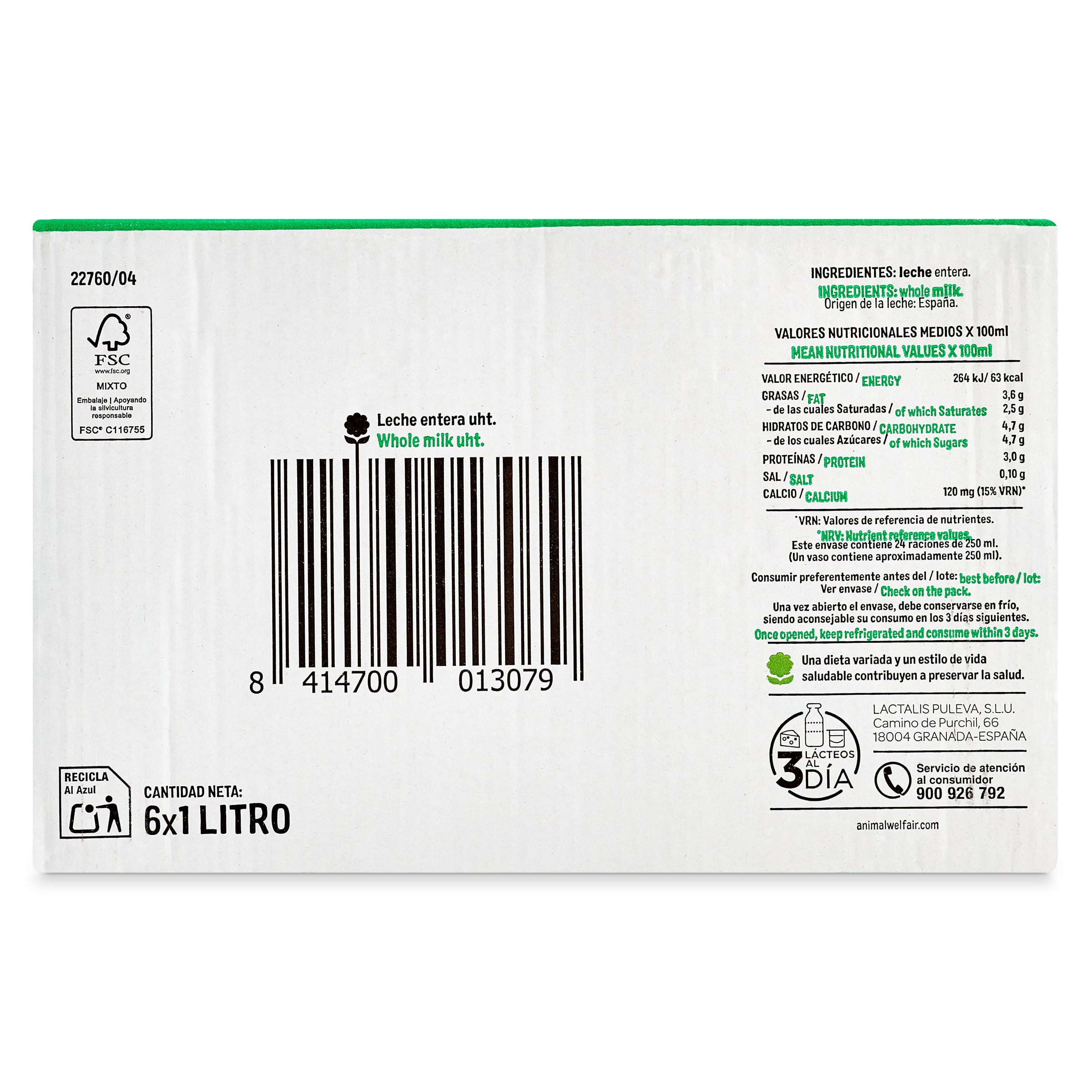 Leche entera Lauki pack 6 x 1 L