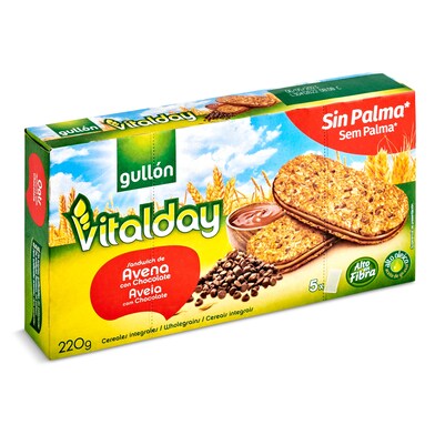 Galletas sándwich con avena y chips de chocolate rellenas de avellanas Gullón Vitalday caja 220 g-0 Galletas sándwich con avena y chips de chocolate rellenas de avellanas Gullón Vitalday caja 220 g-0