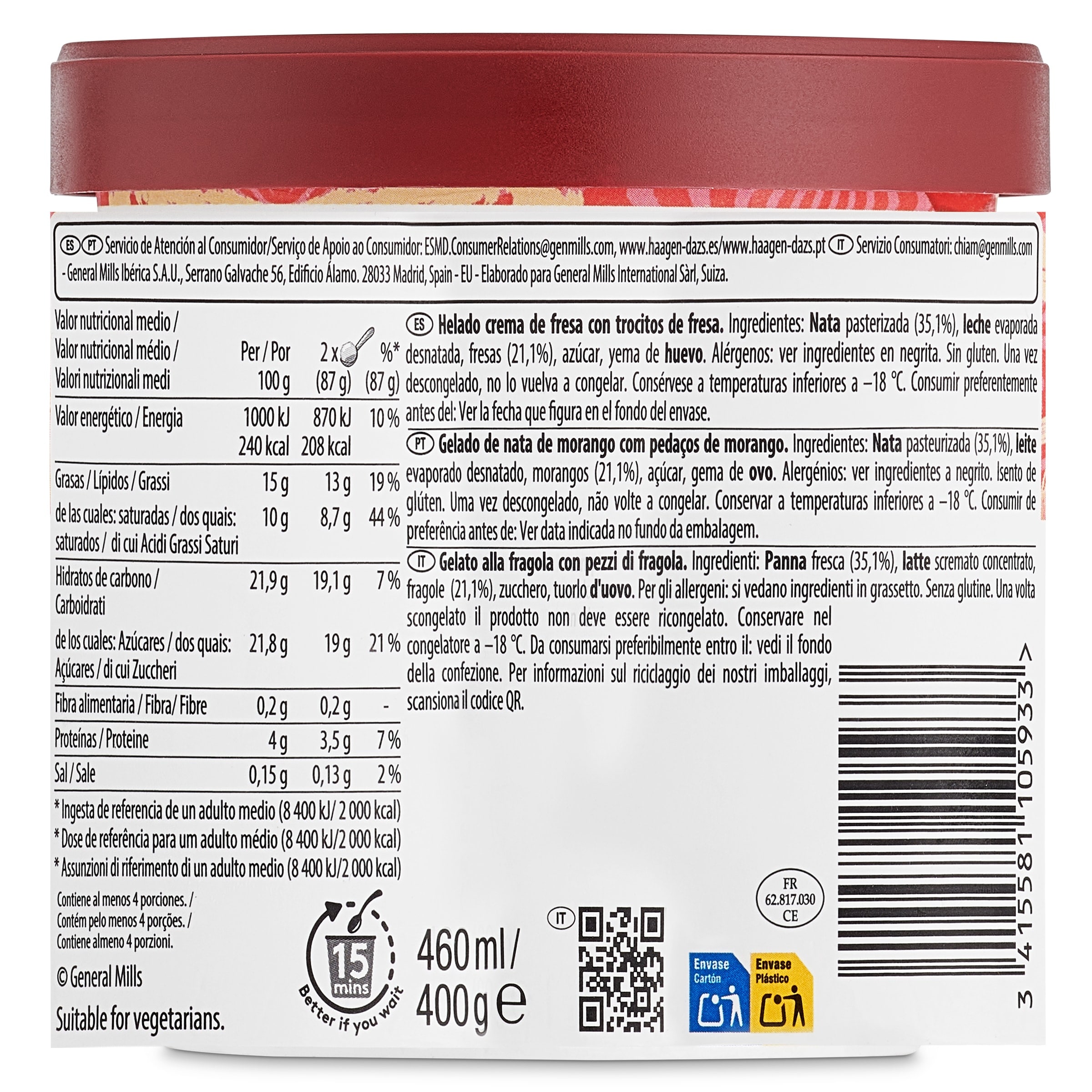 Tarrina de helado fresa Haagen Dazs 400 g