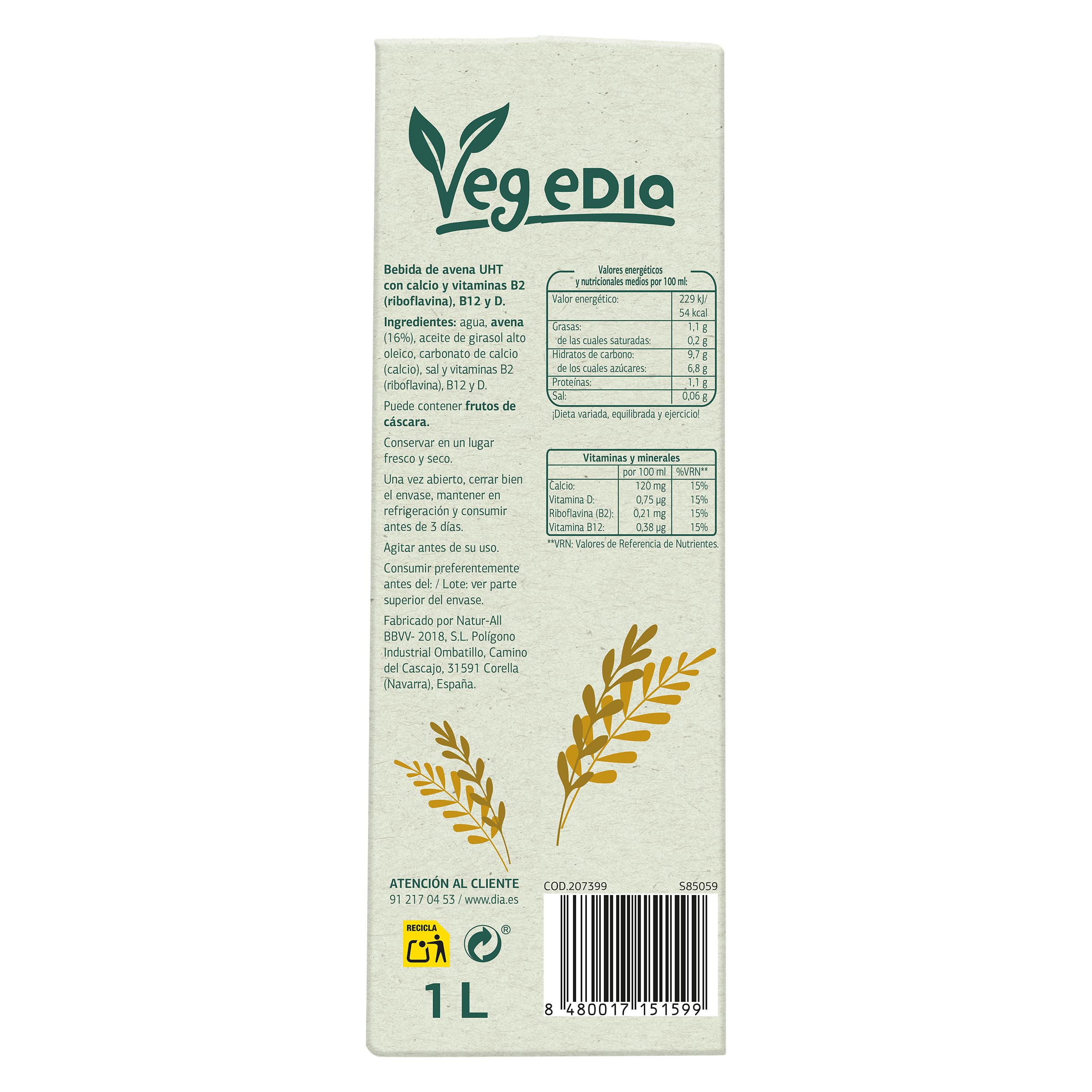 Bebida de avena con calcio Dia Vegedia 1 L