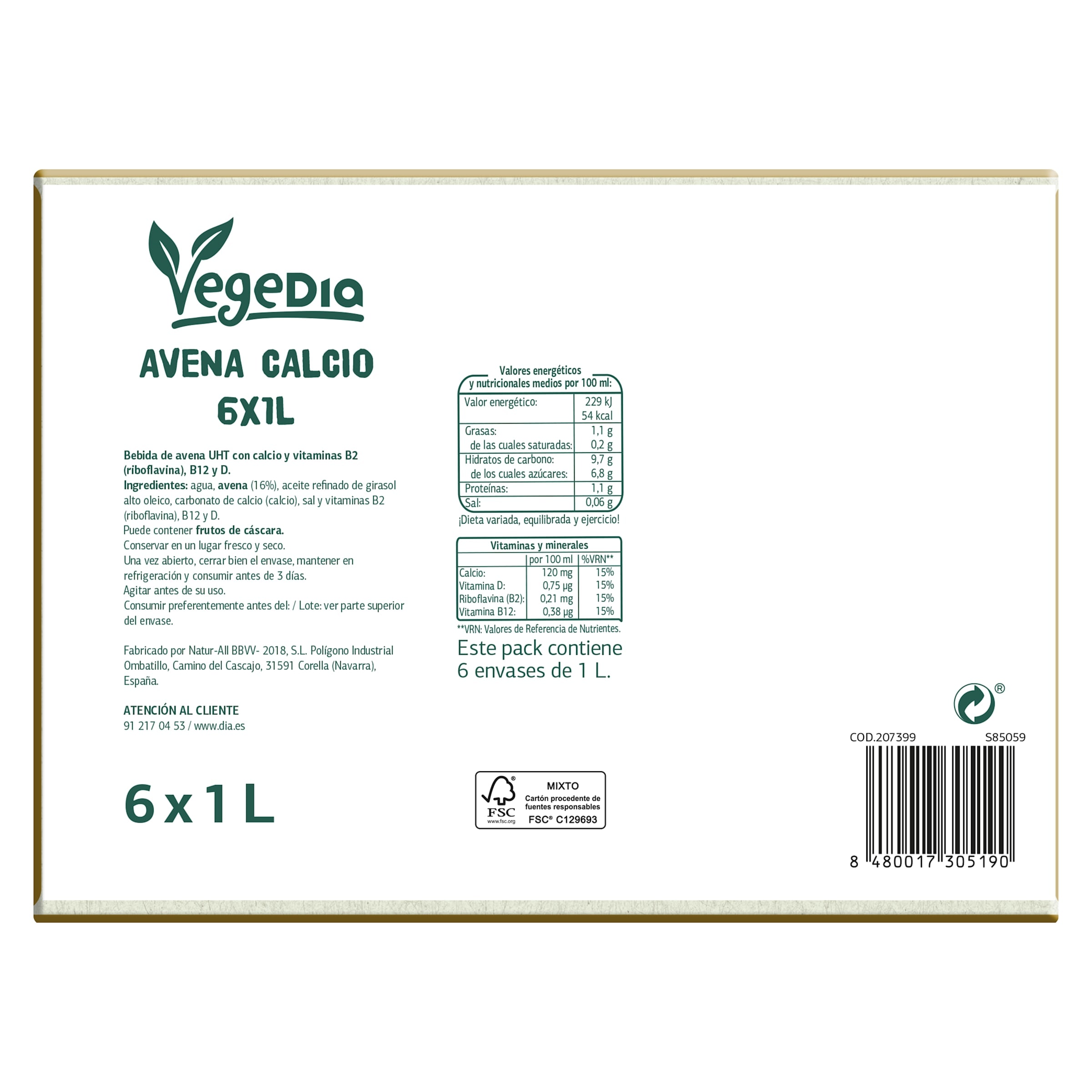 Bebida de avena con calcio Dia Vegedia pack 6 x 1 L
