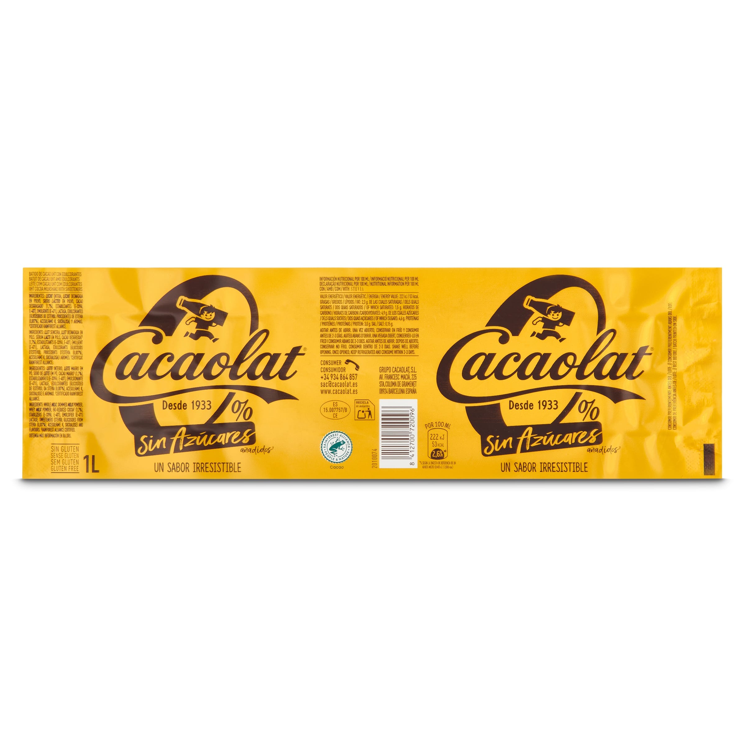 Batido de chocolate 0% sin azúcar añadido Cacaolat botella 1 L
