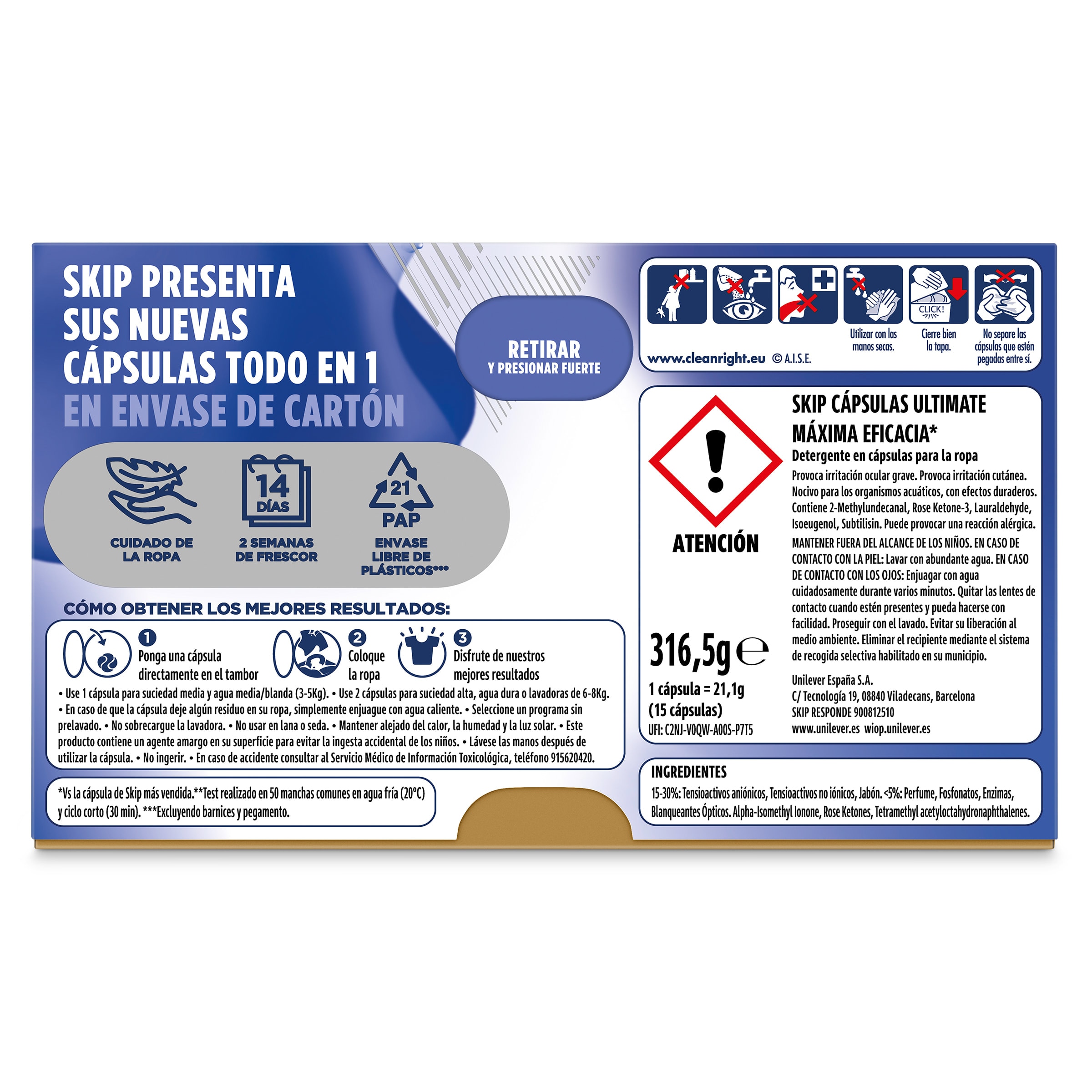 Detergente en cápsulas máxima eficacia Skip 15 lavados