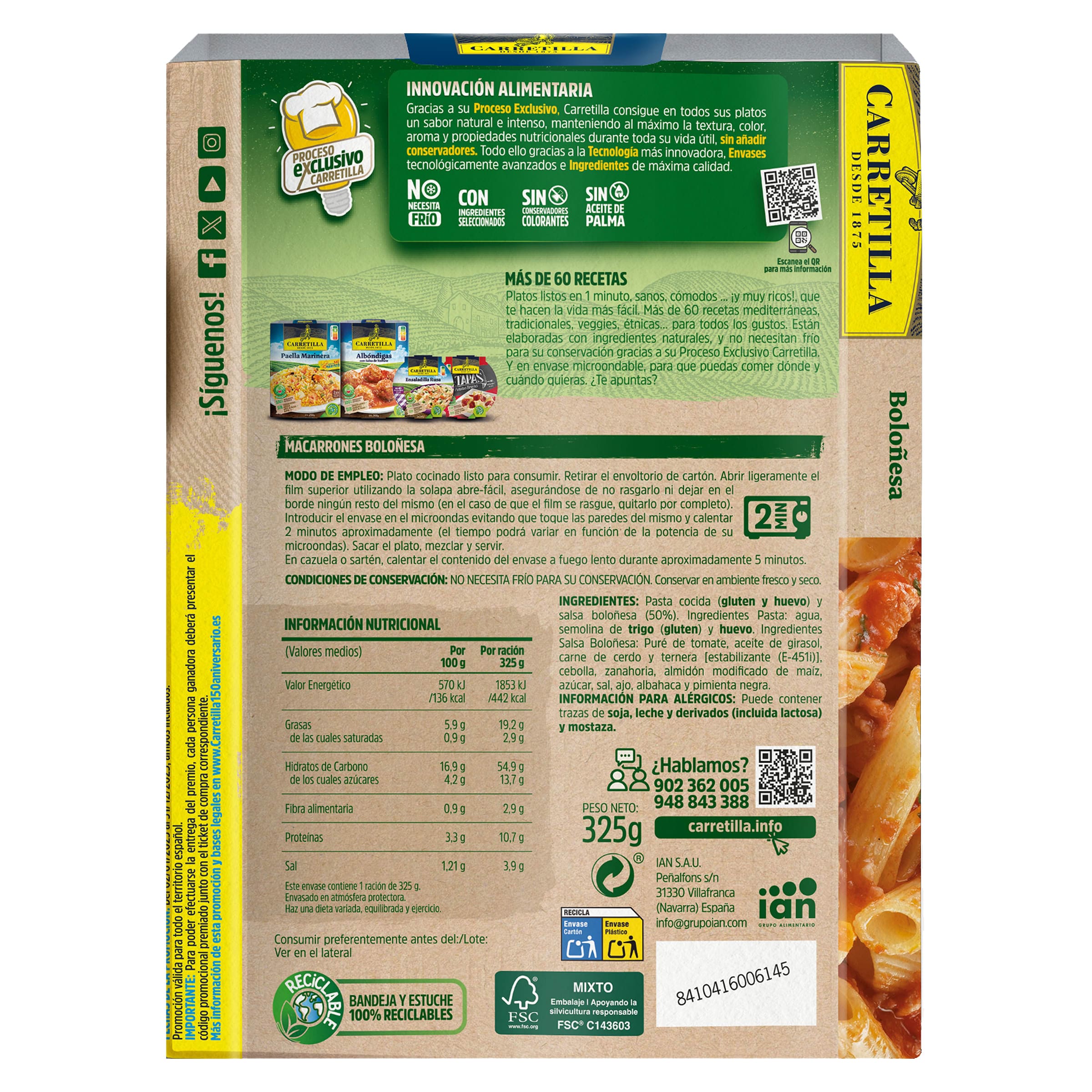 Macarrones boloñesa Carretilla 325 g