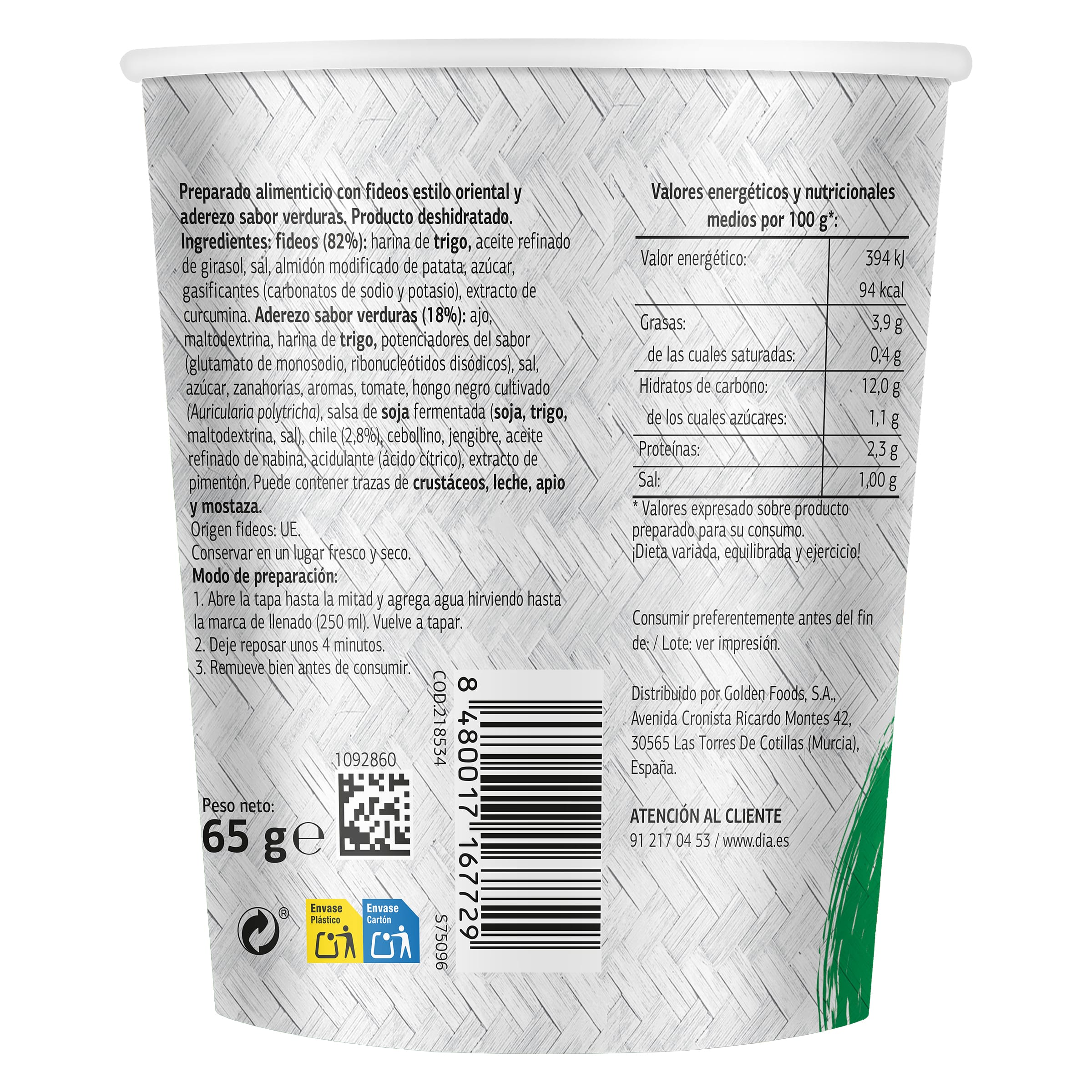 Noodles orientales sabor verduras Dia Al Punto 65 g