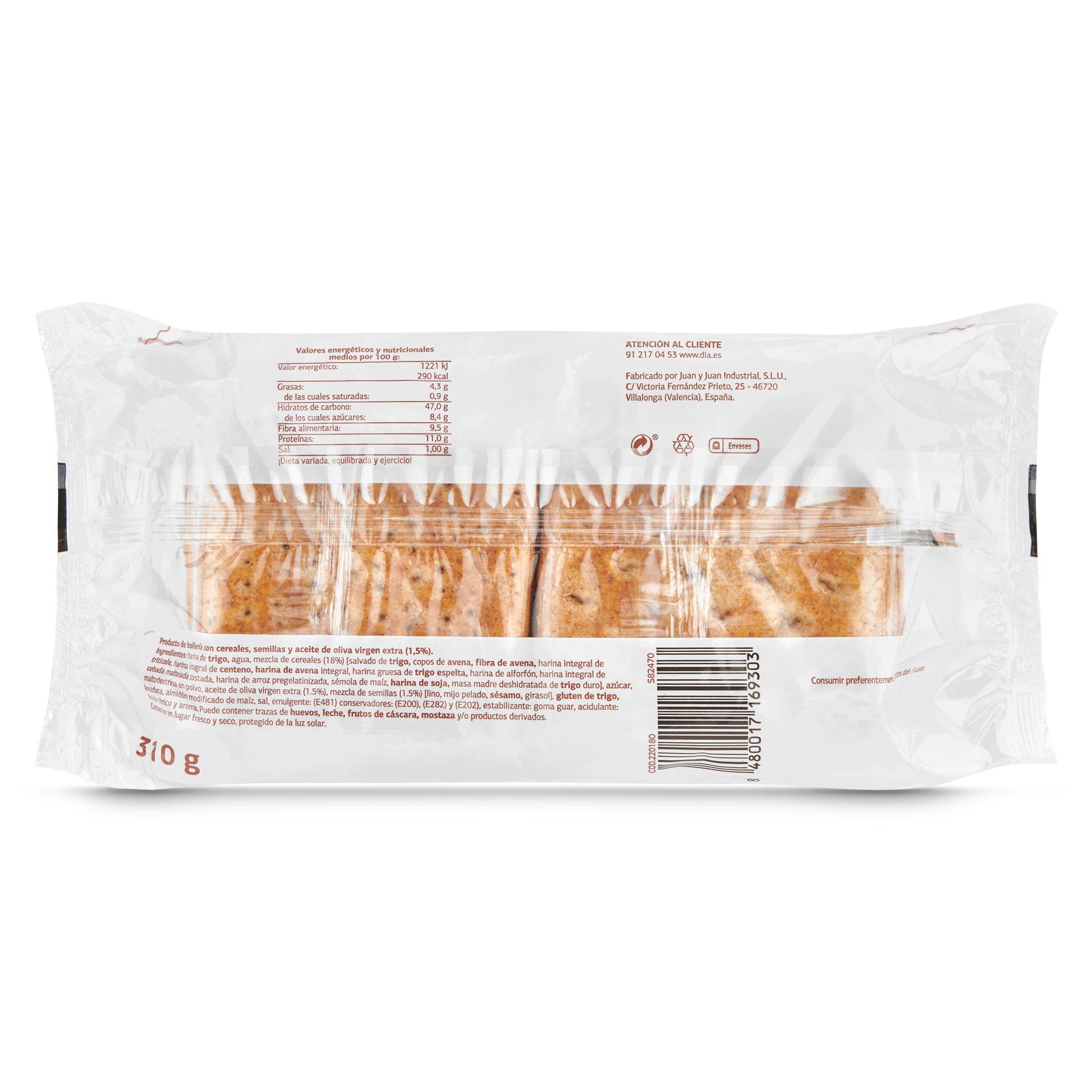 Pan de sandwich con cereales y semillas El Molino de Dia 310 g