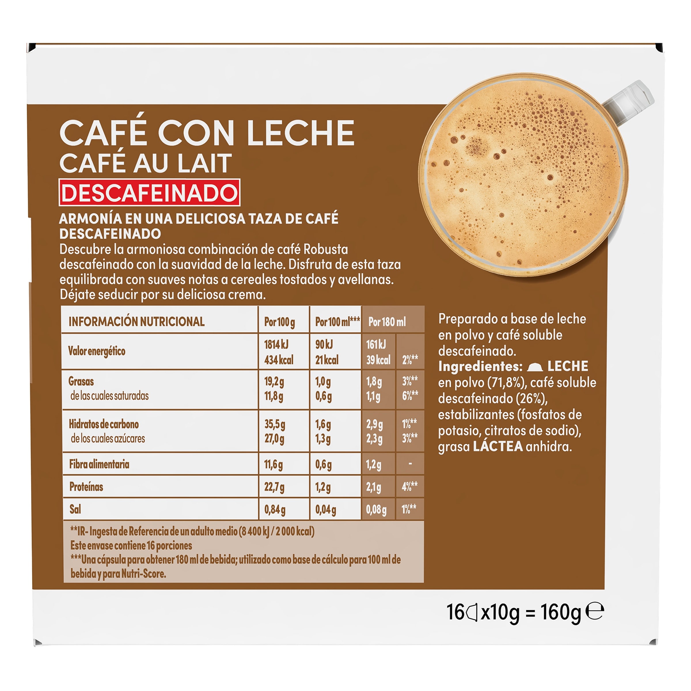 Cápsulas de café con leche descafeinado Dolce Gusto 16 unidades