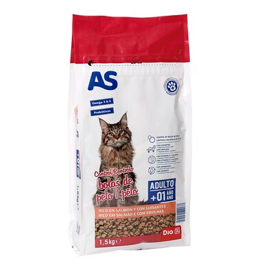 Alimento para gatos control bolas de pelo rico en salmón con guisantes As Dia bolsa 1.5 Kg-0 Alimento para gatos control bolas de pelo rico en salmón con guisantes As Dia bolsa 1.5 Kg-0