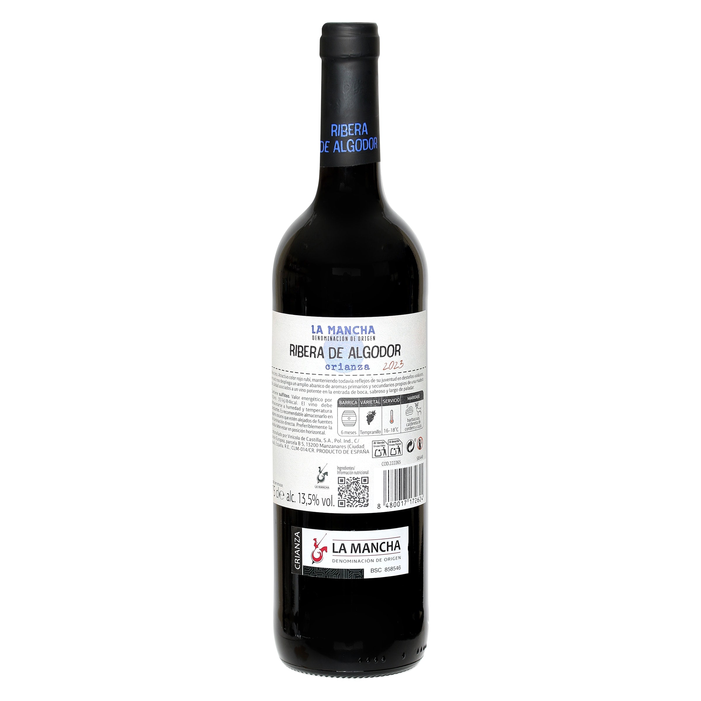 Vino tinto Crianza D.O. La Mancha Ribera de Algodor 75 cl